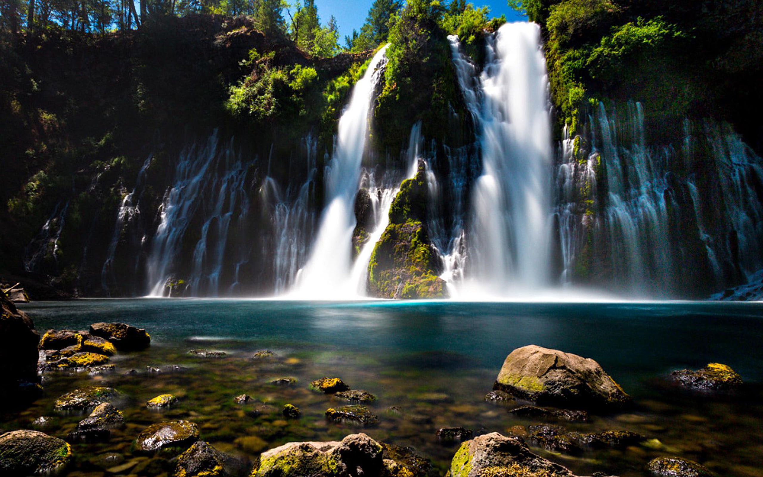 northern, green, tree, desktop, 2K, rock, blue, california, turquoise, falls, burney, water, HD Wallpaper
