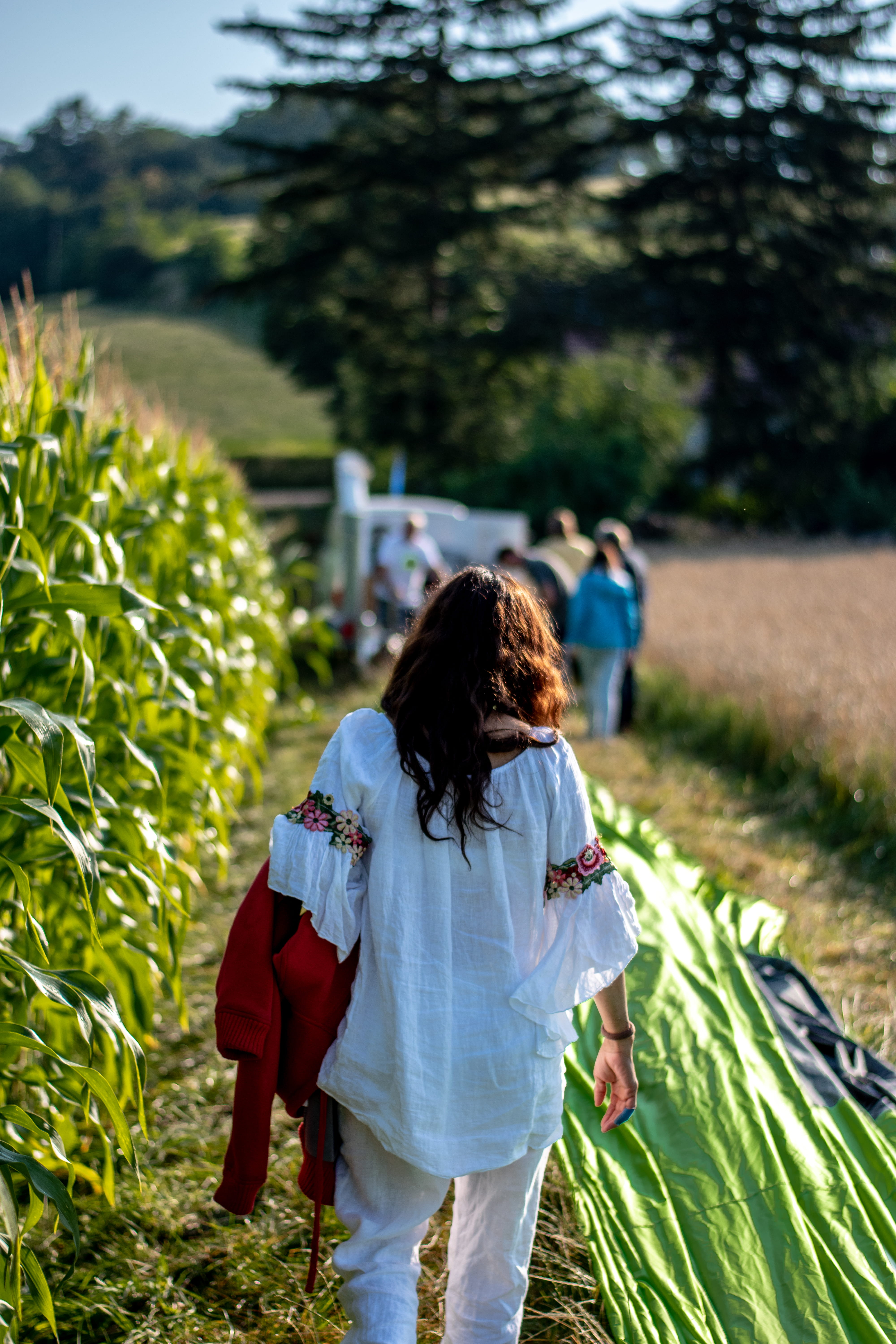 field, cloak, nature, adult, togetherness, shorts, rear view, plant, white, outdoors, lifestyles, coat, human, two people, green, arbour, 5K, hairstyle, Phone HD Wallpaper
