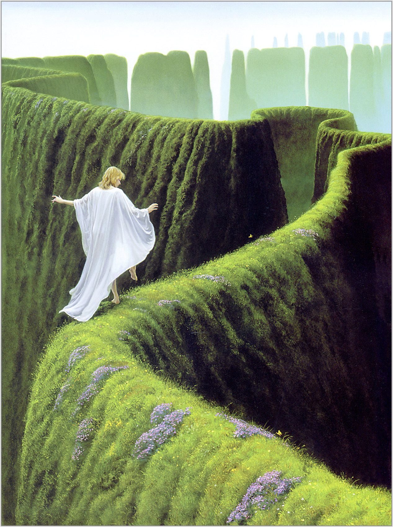 white dress, fantasy art, flowers, grass, mountains, surreal, cloaks, painting, 720P, artwork, green, Phone HD Wallpaper