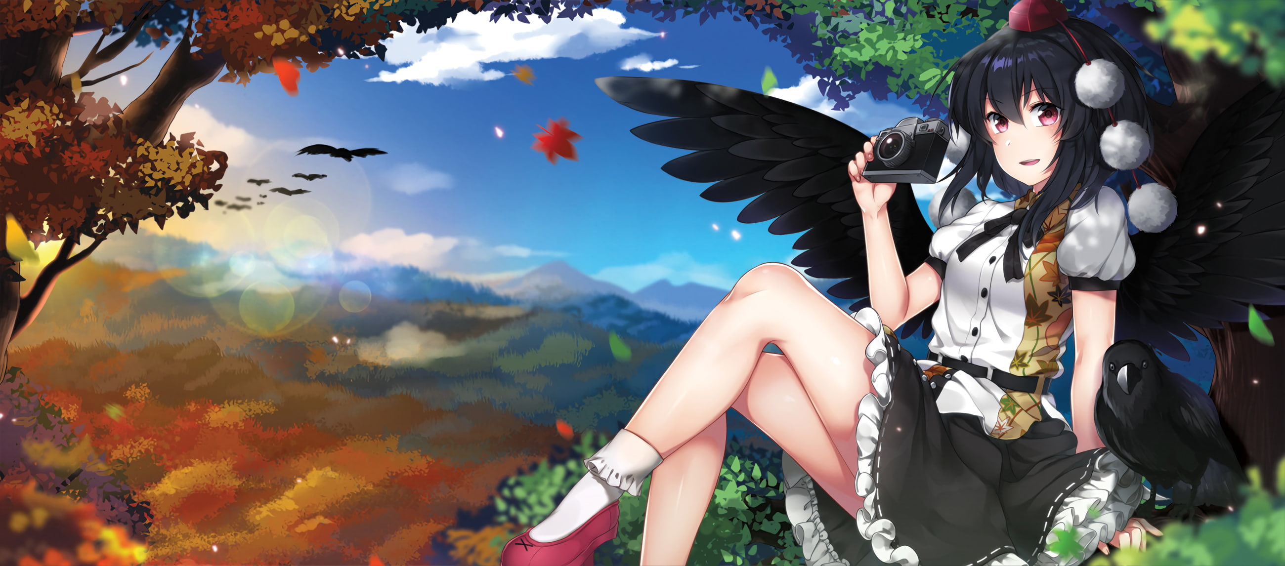 crow, 2K, shameimaru aya, camera, touhou, Anime, black wings, HD Wallpaper