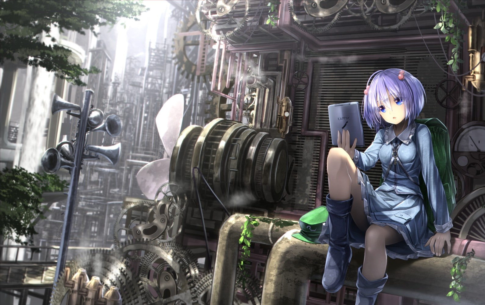 gears, sitting, sculpture, Touhou, day, three quarter length, building exterior, 720P, built structure, architecture, real people, one person, front view, HD Wallpaper