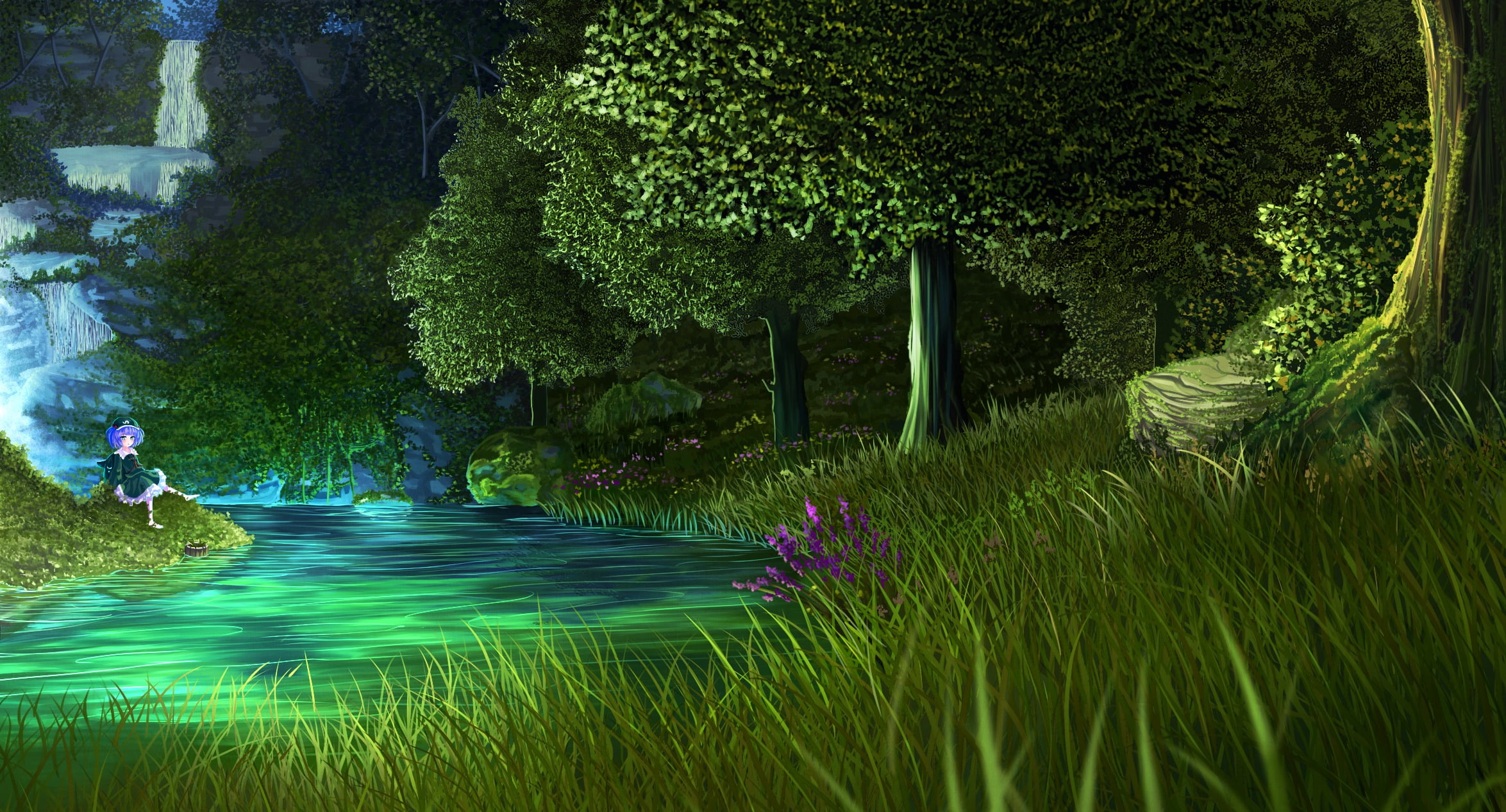 green color, growth, no people, illuminated, plant, flowing, waterfront, river, tree, beauty in nature, anime, Kawashiro Nitori , water, scenics - nature, HD Wallpaper