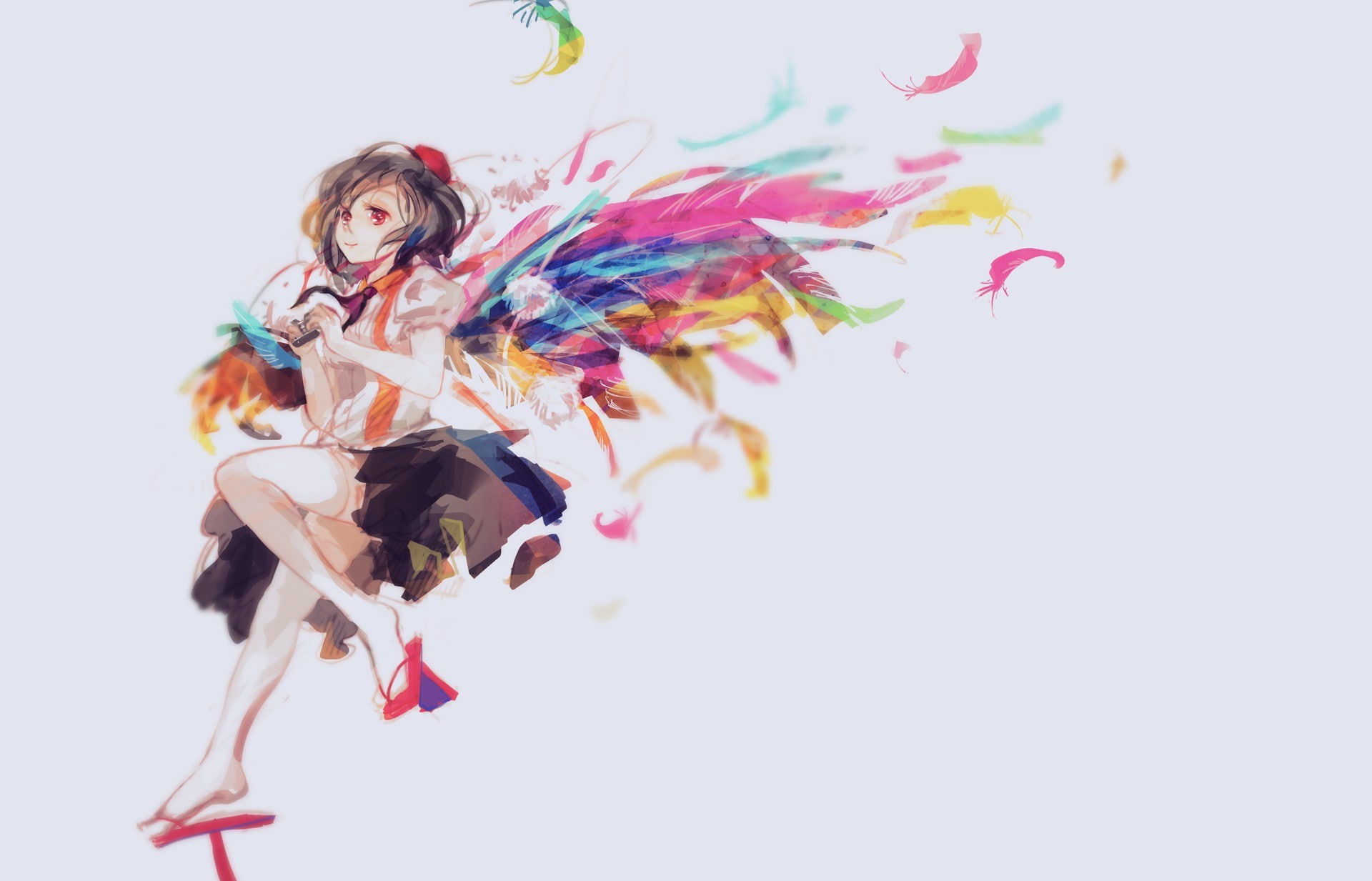 wings, feathers, simple background, Touhou, Shameimaru Aya, 1080P, red eyes, anime girls, HD Wallpaper