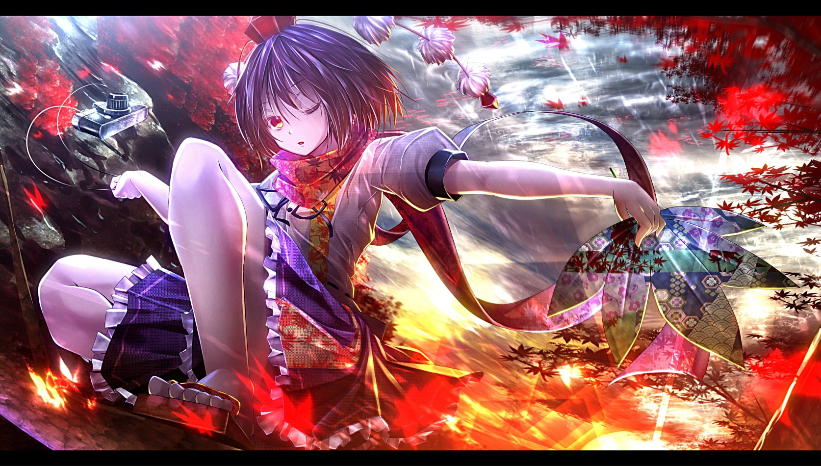 touhou, com, hair, scarf, aya, black, eyes, short, leaves, red, hat, 245720, shameimaru, autumn, fan, camera, ryosios, wink, dress, 720P, konachan, HD Wallpaper