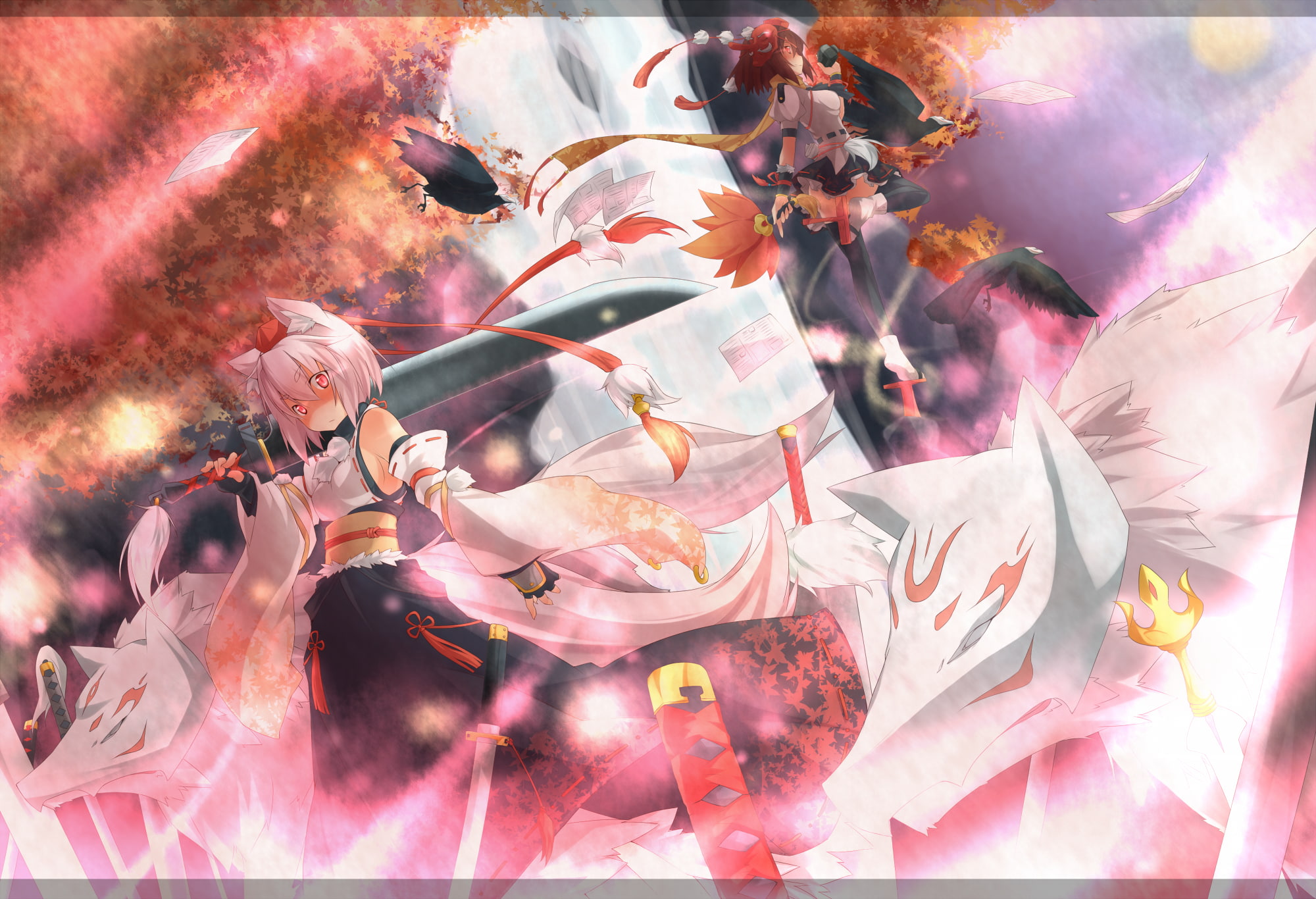 ears, 1080P, traditional, shameimaru, red, eyes, masks, crow, touhou, games, weapons, season, thigh, video, autumn, skirts, trees, short, animal, dressing, HD Wallpaper