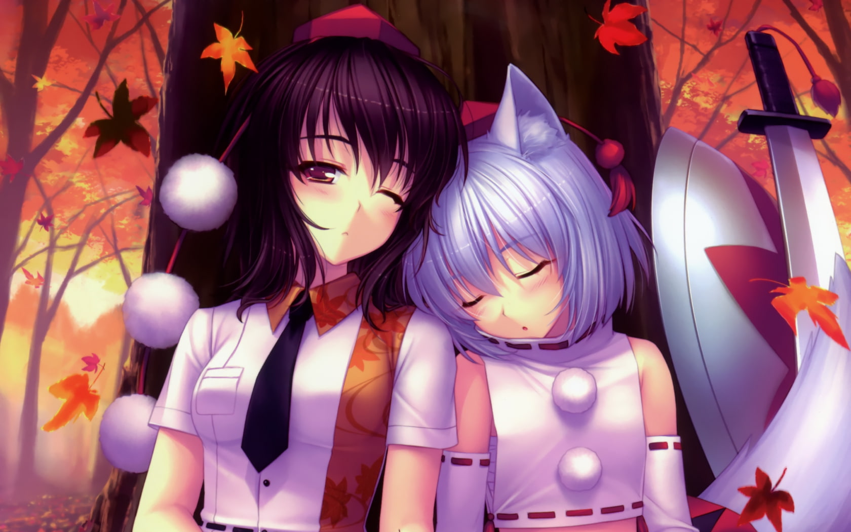 short, wolfgirl, autumn, sleeping, sayori, brown, tie, white, katana, hair, touhou, animal, wink, sword, ears, aya, 720P, girls, shameimaru, weapon, hat, HD Wallpaper