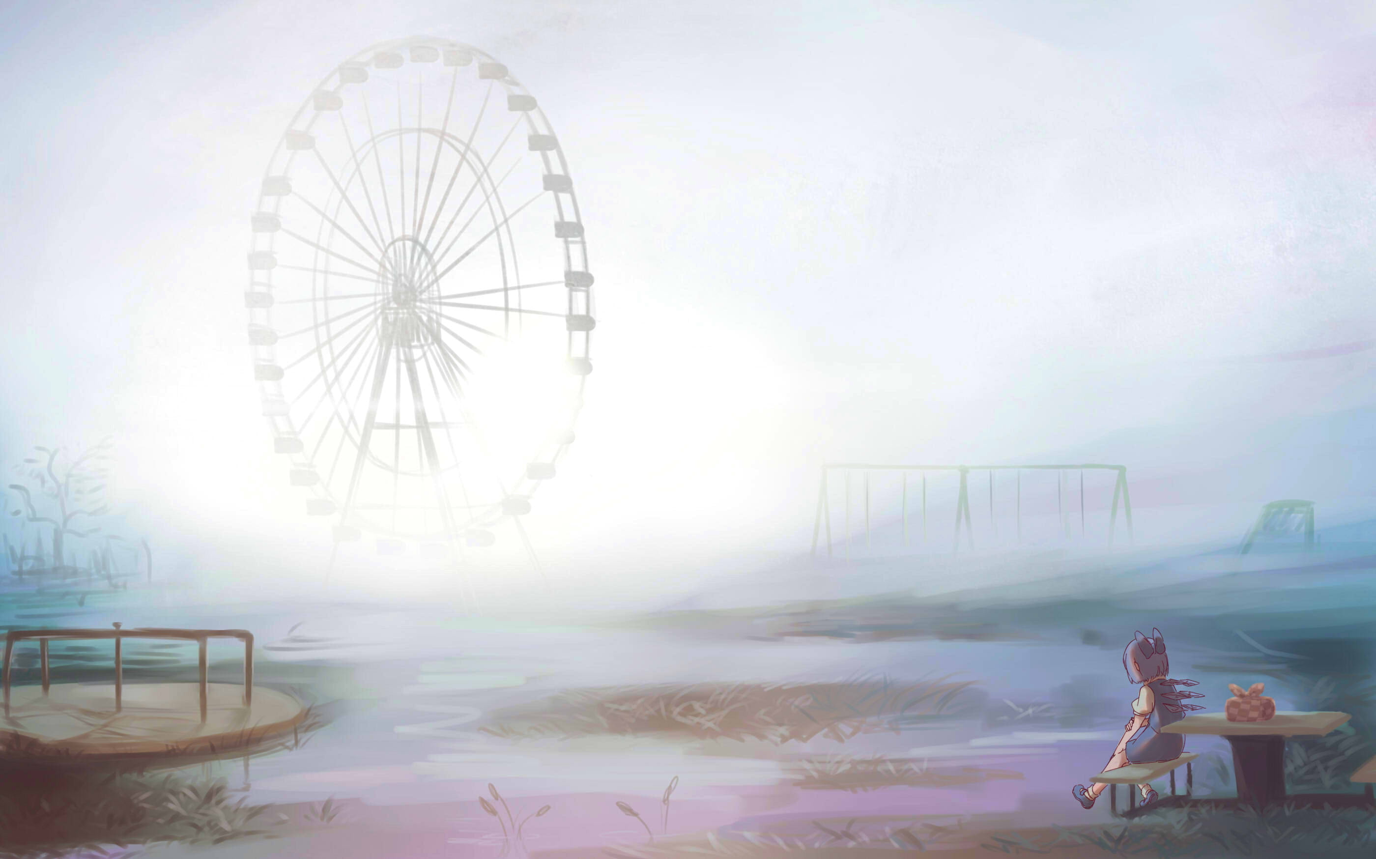 short hair, 2K, Cirno, ferris wheel, Touhou, blue hair, HD Wallpaper
