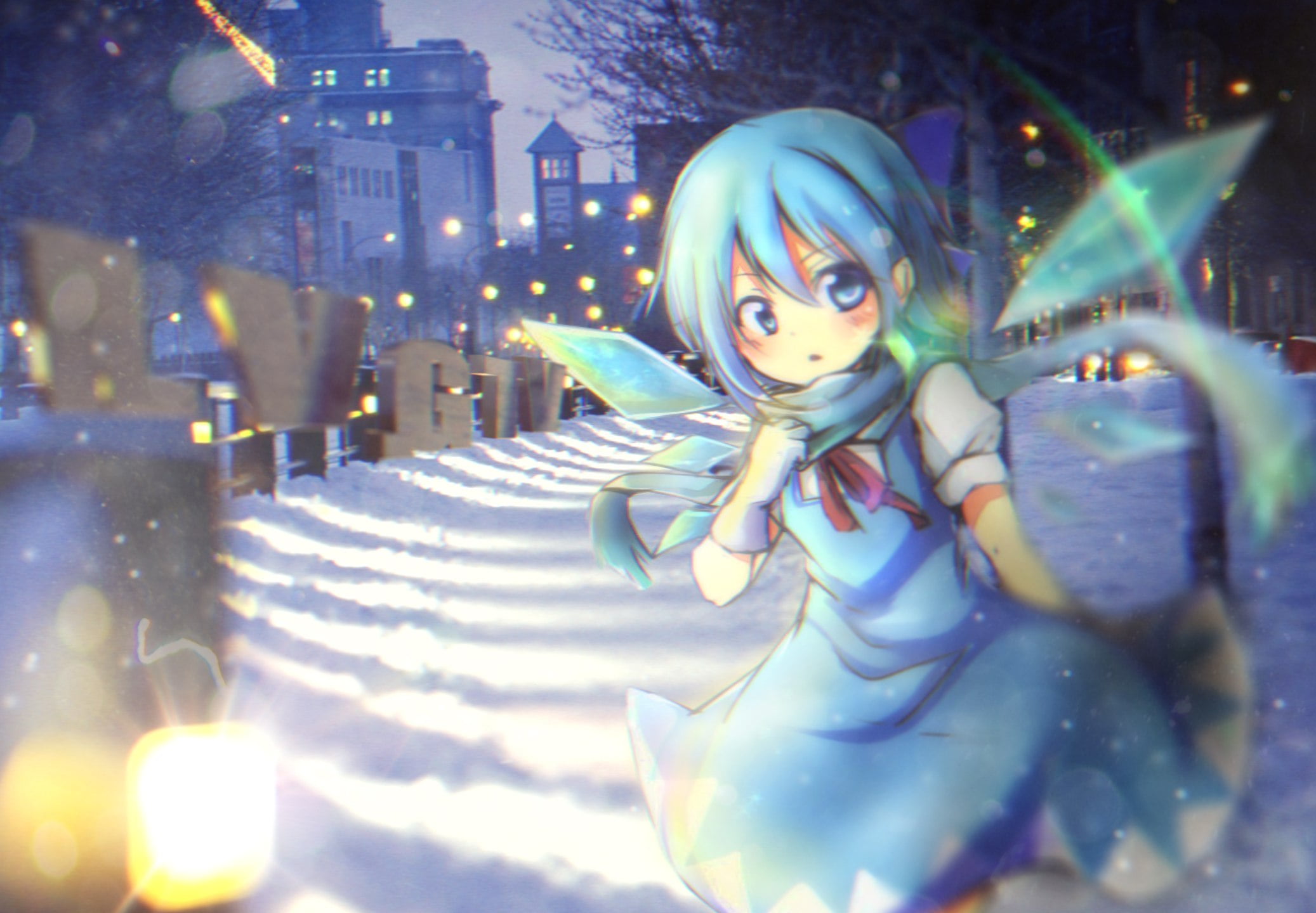 statue, blue hair, snow, illuminated, 1080P, building exterior, representation, digital, nature, anime, celebration, built structure, no people, human representation, HD Wallpaper
