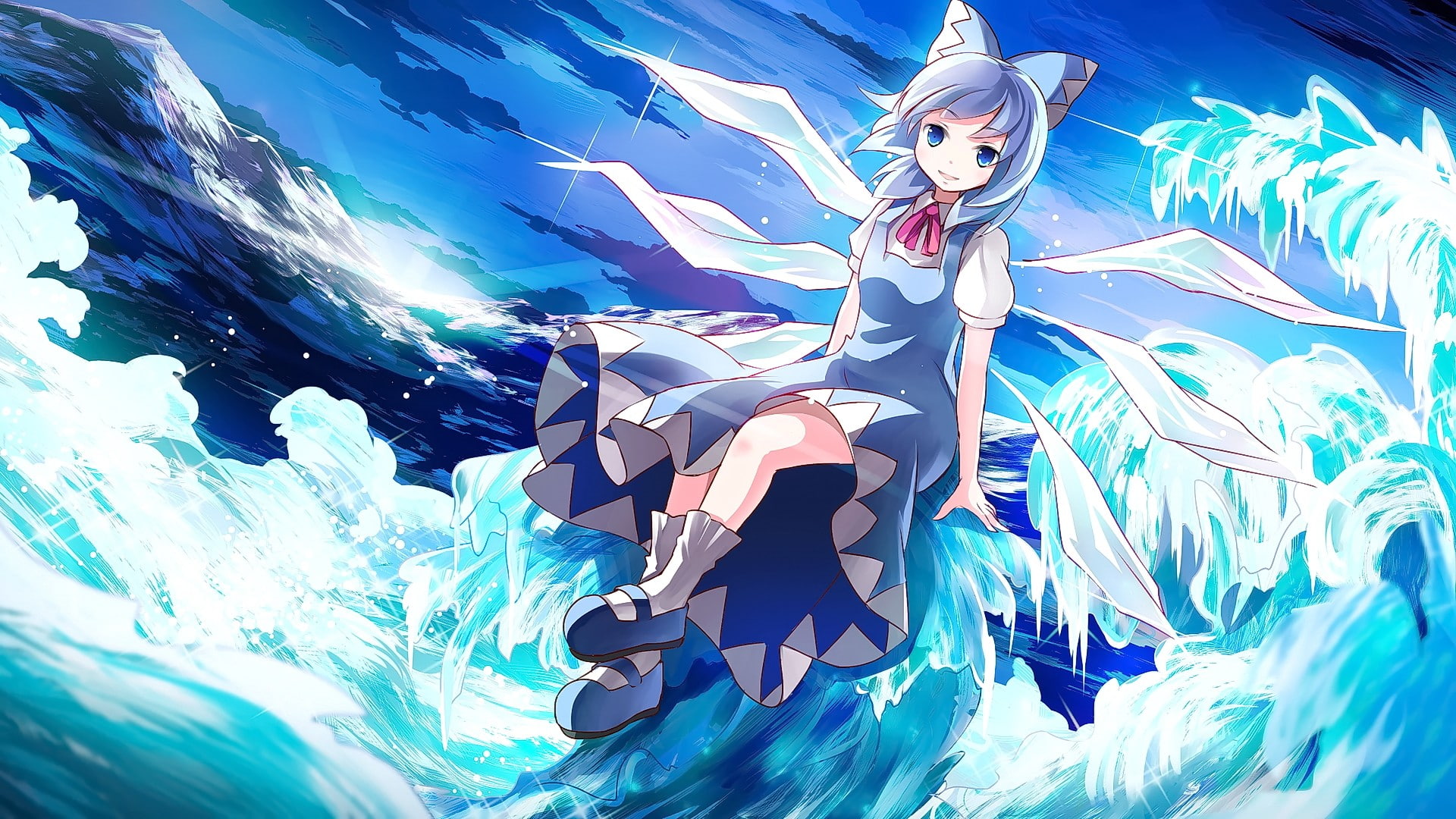 Touhou, Cirno, blue eyes, looking at viewer, anime, anime girls, short hair, smiling, 1080P, HD Wallpaper