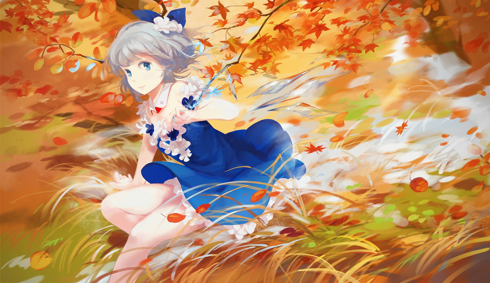 portrait, one person, silver hair, young women, Touhou, 1080P, Cirno, fall, lifestyles, looking at camera, blue eyes, floral pattern, young adult, leisure activity, HD Wallpaper