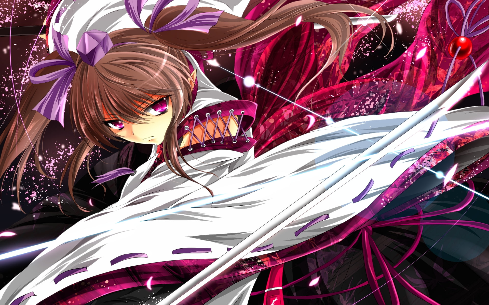 eyes, hair, nekominase, long, hatate, sword, touhou, purple, twintails, ribbons, himekaidou, brown, hat, 1080P, katana, weapon, HD Wallpaper