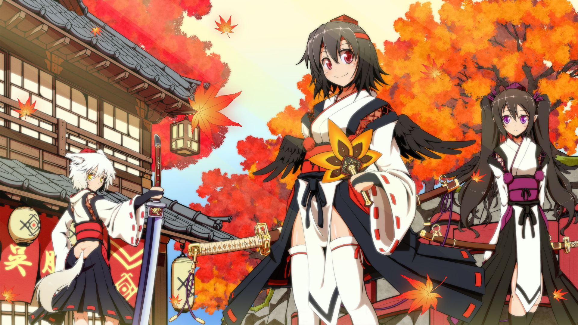 wings, aya, momiji, touhou, autumn, mueojisan, tail, 1080P, hatate, wolfgirl, himekaidou, japanese, inubashiri, clothes, shameimaru, HD Wallpaper