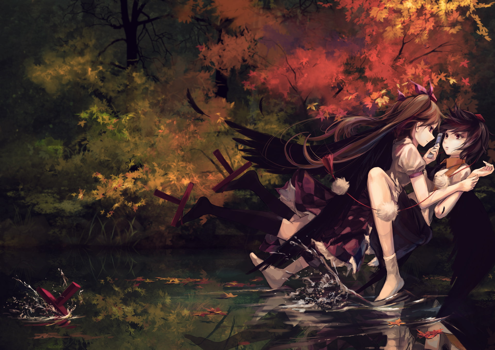 leaves, 1080P, wings, phone, touhou, aya, water, hatate, shameimaru, himekaidou, HD Wallpaper