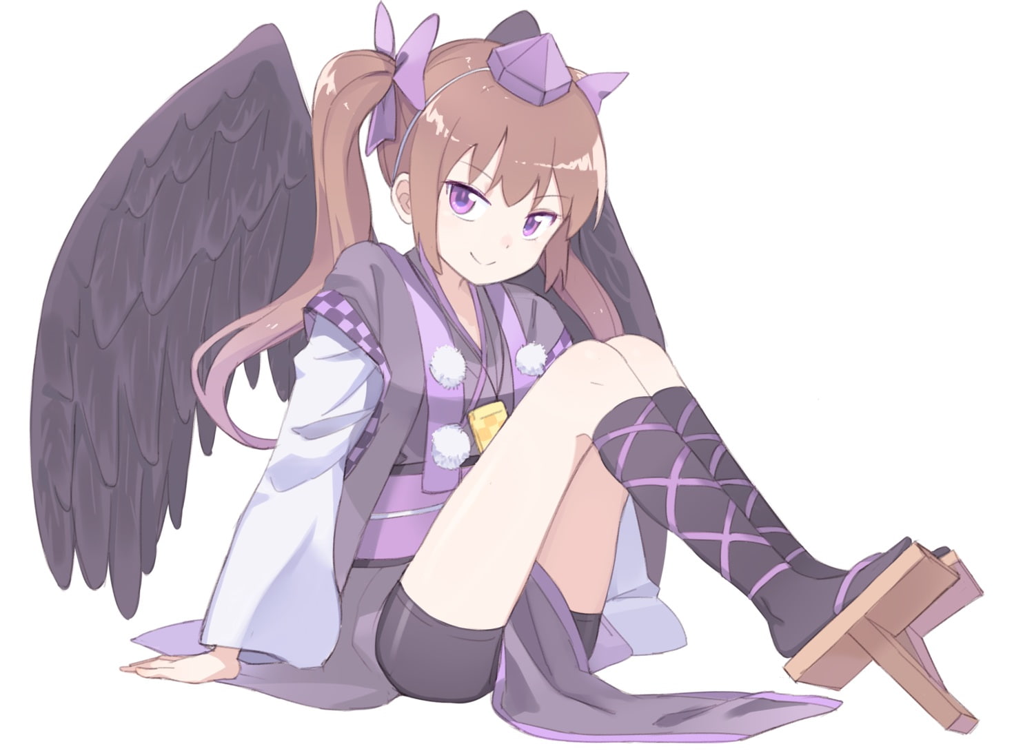 kneehighs, konachan, eyes, twintails, (artist), japanese, com, clothes, shorts, tagme, hair, himekaidou, 252833, hatate, brown, purple, wings, hat, touhou, HD Wallpaper