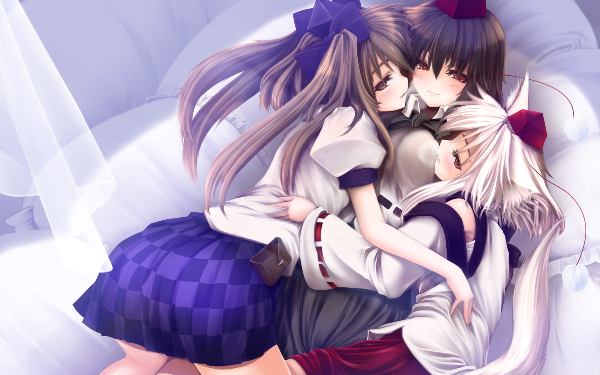 ears, tail, shameimaru, himekaidou, gizensha, aya, girls, 1080P, touhou, blush, animal, inubashiri, hatate, momiji, bed, HD Wallpaper