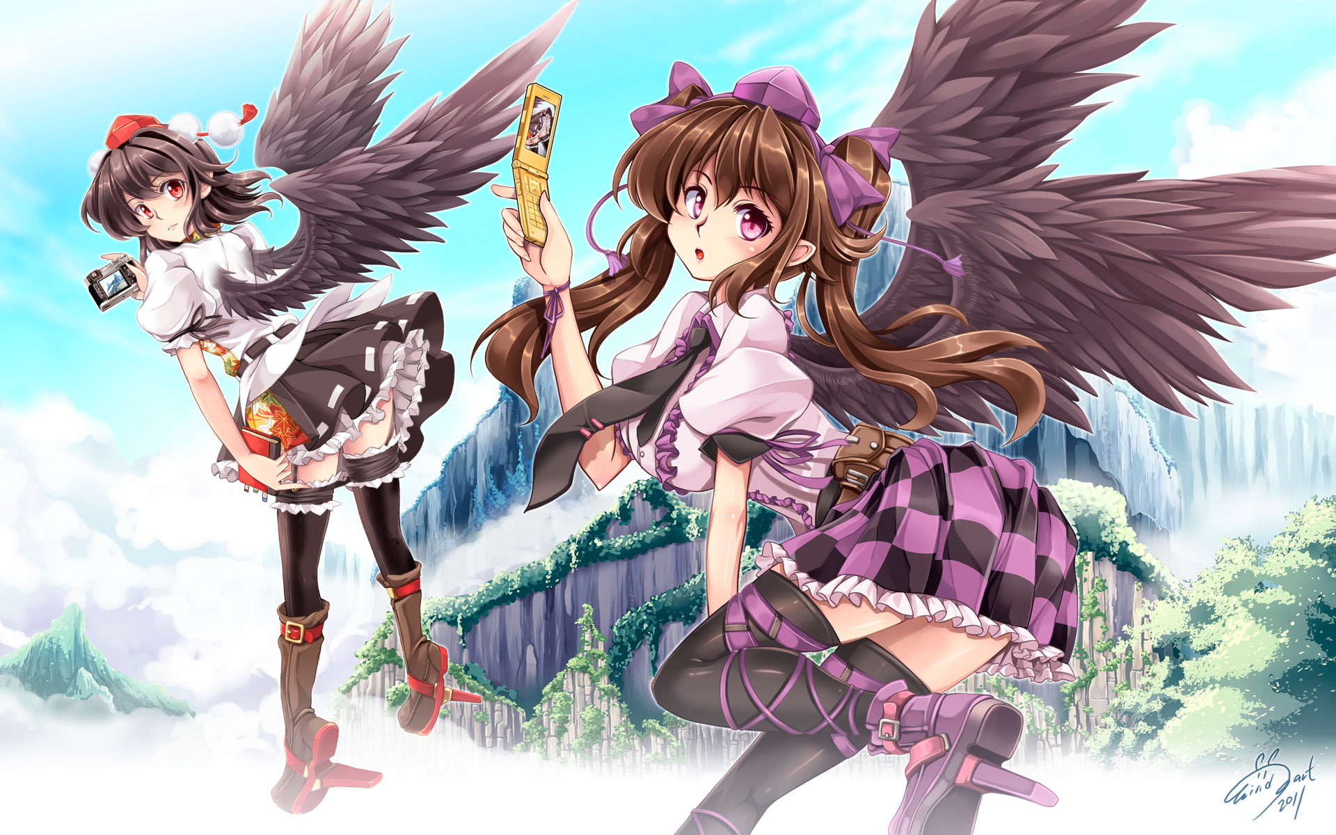 boots, signed, eyes, sky, windart, brown, shameimaru, wings, phone, black, aya, hatate, hair, himekaidou, purple, red, thighhighs, touhou, 1080P, hat, HD Wallpaper
