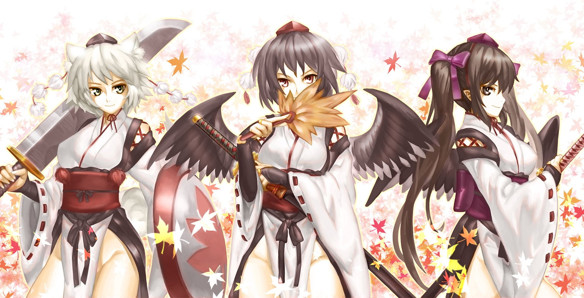 hair, bobomaster, sword, clothes, twintails, weapon, 1080P, nopan, hatate, touhou, animal, aya, ears, long, himekaidou, shameimaru, short, japanese, wings, HD Wallpaper