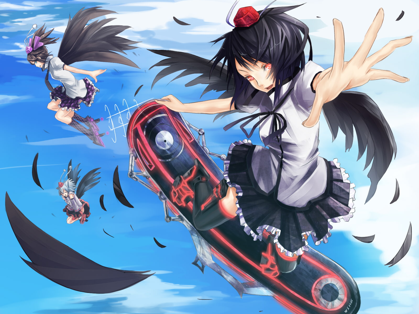 black, thighhighs, momiji, inubashiri, hat, shameimaru, feathers, touhou, skirt, aya, hatate, sky, himekaidou, eyes, reio, clouds, wings, hair, 720P, red, HD Wallpaper