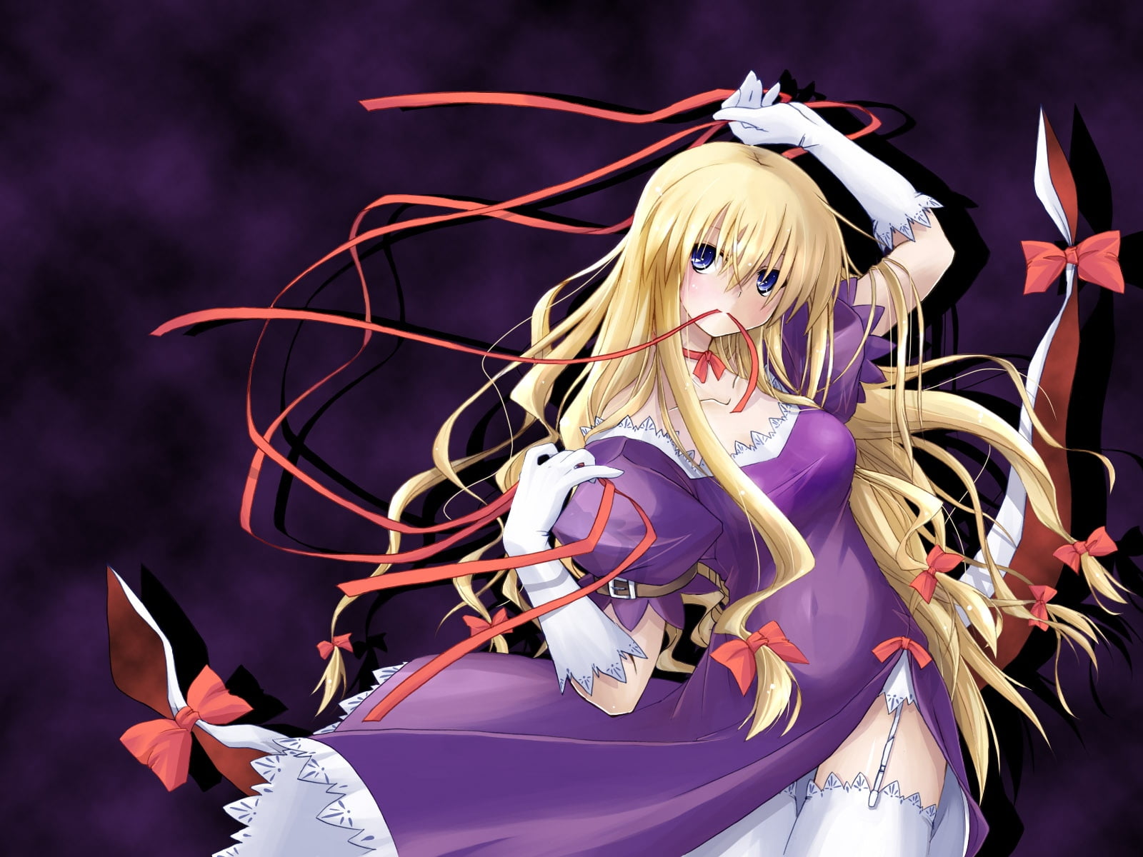 one person, nature, blonde, woman, women, haired, ribbons, young adult, blond hair, ribbon, touhou yakumo yukari, looking at camera, waist up, HD Wallpaper