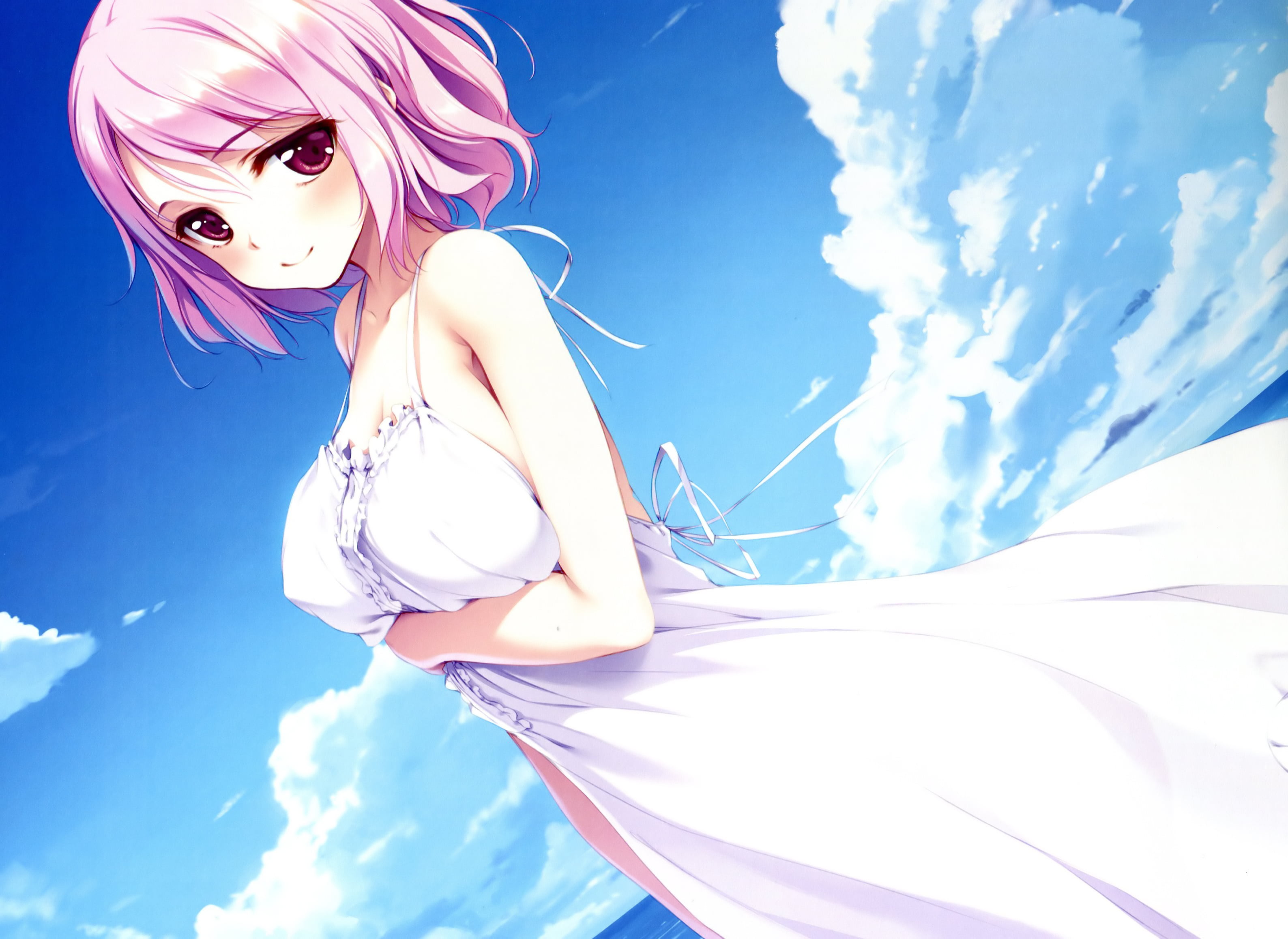 red eyes, ke-ta, 2K, pink hair, white dress, HD Wallpaper