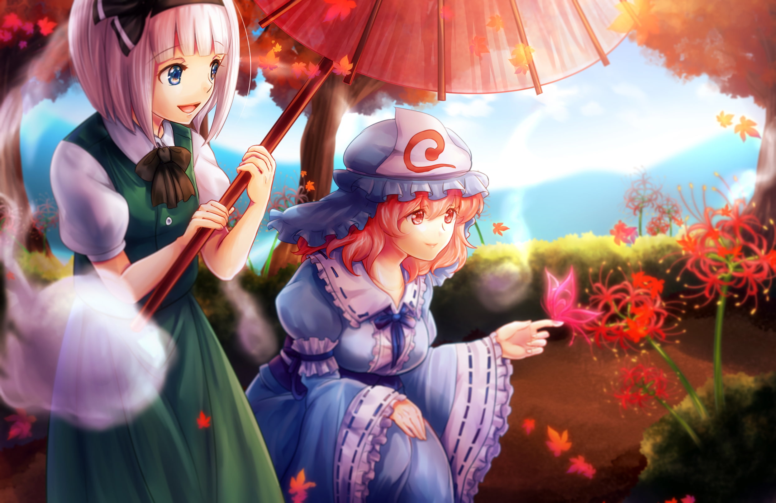 1080P, flowers, Touhou, Saigyouji Yuyuko, fantasy girl, Konpaku Youmu, anime girls, anime, soft shading, HD Wallpaper