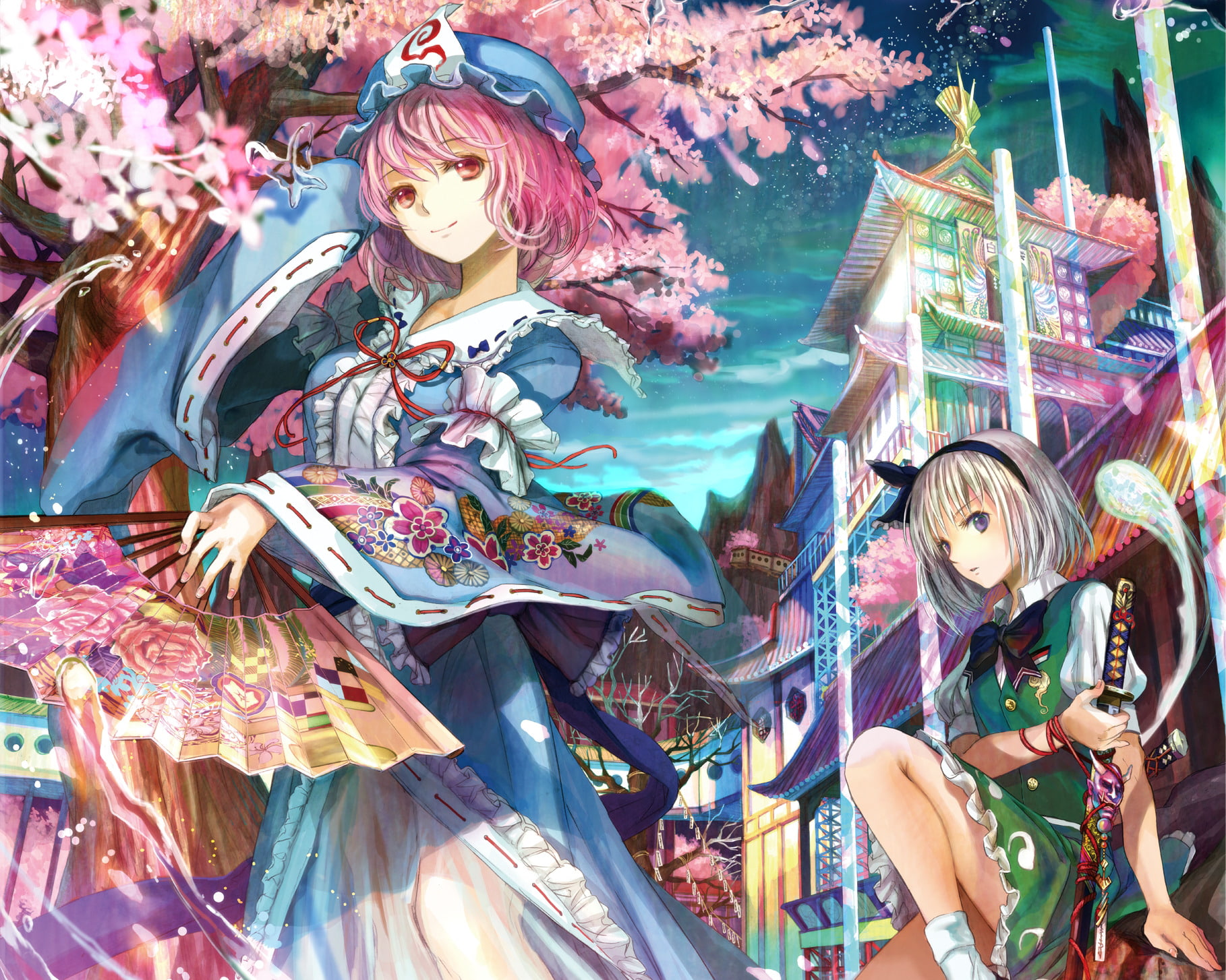 720P, Anime, Yuyuko Saigyouji, Touhou, Youmu Konpaku, HD Wallpaper