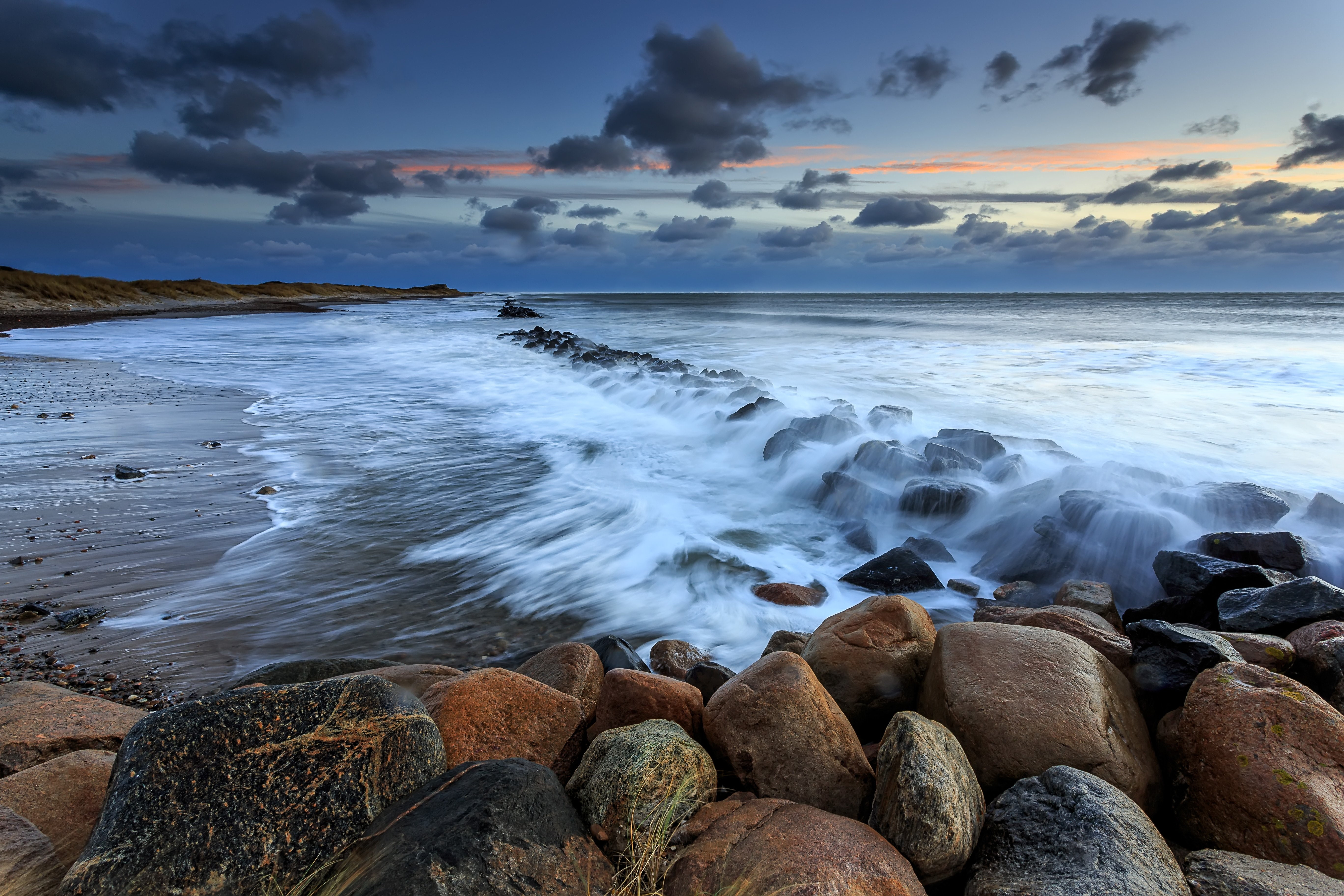 denmark, landscape, sea, beach, sunset, brown, boulders, 5K, rocks, waves, HD Wallpaper