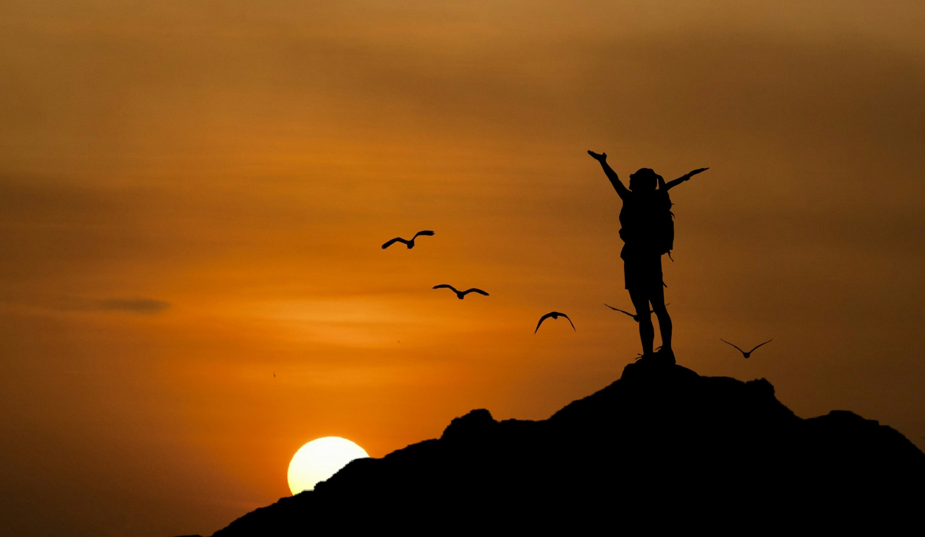 person, reached, dom, evening, orange color, boulder, travel destinations, woman, freedom, clouds, twilight, panoramic, illustration, flying, challenging, HD Wallpaper