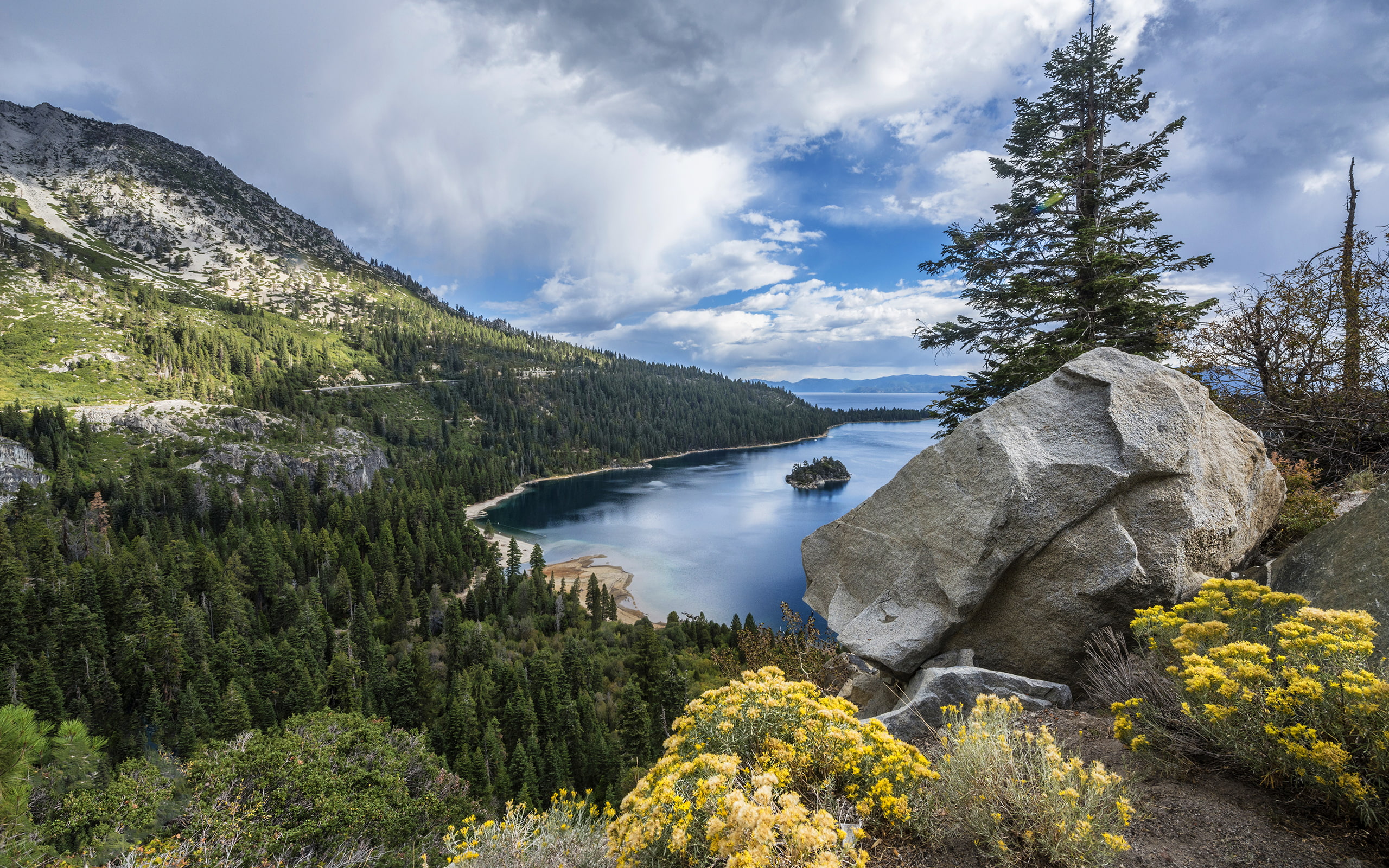 boulder, mountains, trees, hd, brown, 2K, rocks, landscape, lake, stones, nature, HD Wallpaper