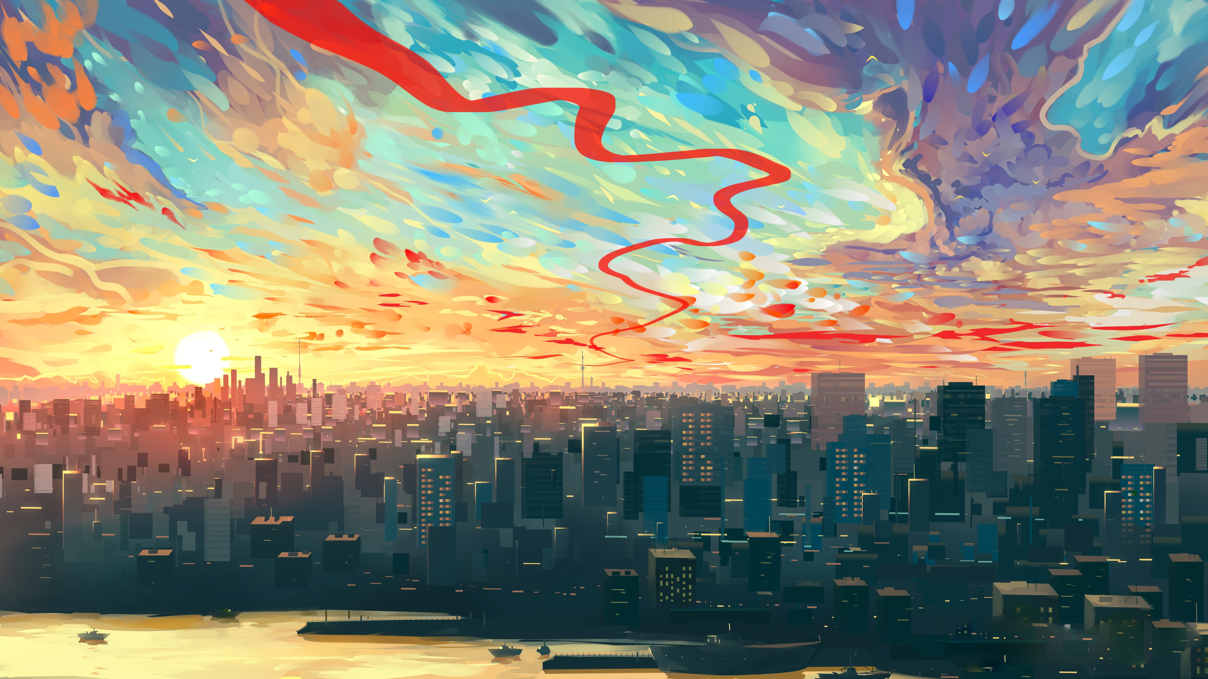 cityscape, sunset, 4K, Alexander Komarov, artwork, illustration, HD Wallpaper