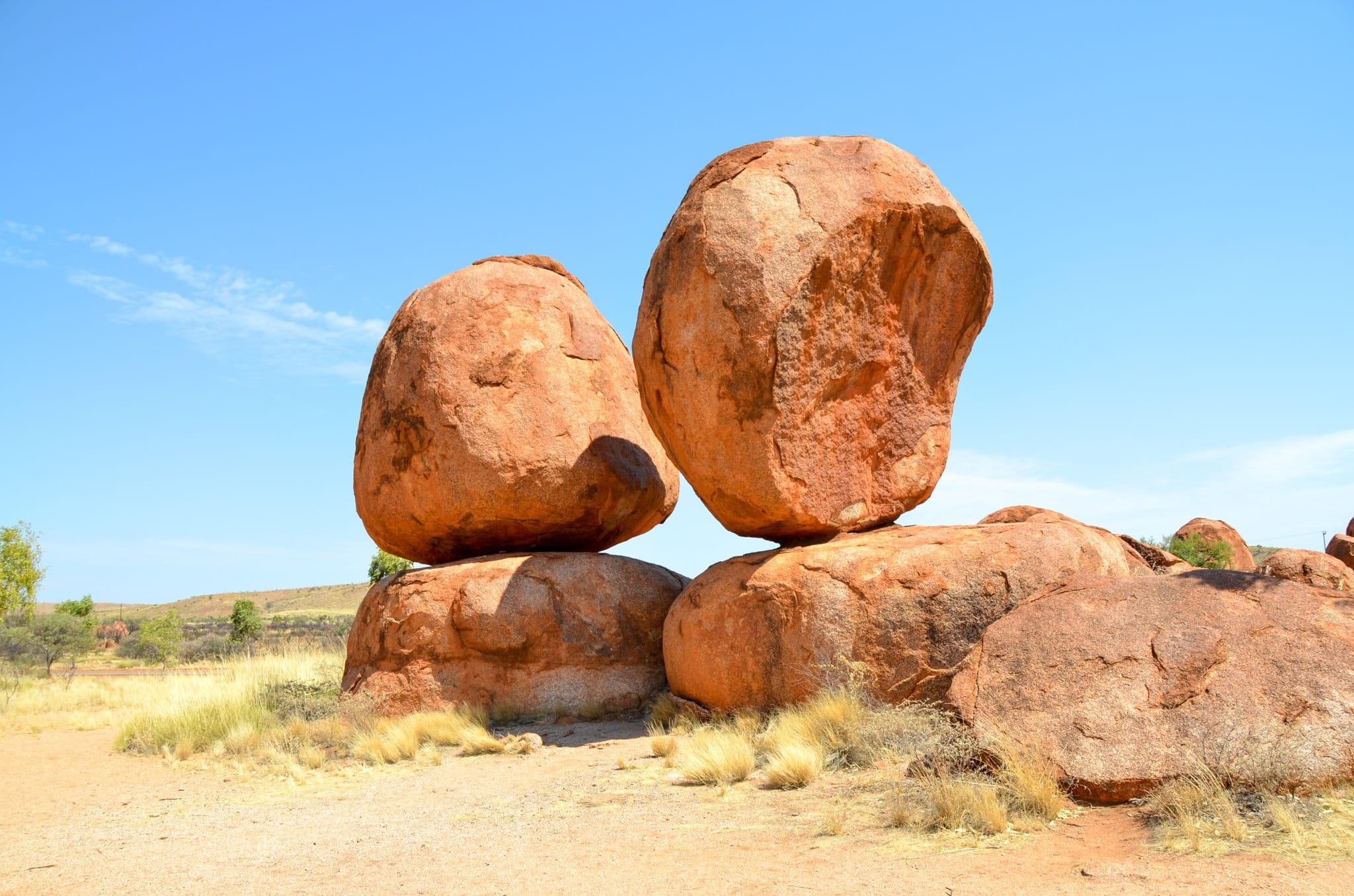 sunlight, 1080P, land, physical geography, boulder, non-urban scene, solid, geology, boulders, blue, outback, outdoors, australia, semi-arid, Devils Marbles, HD Wallpaper