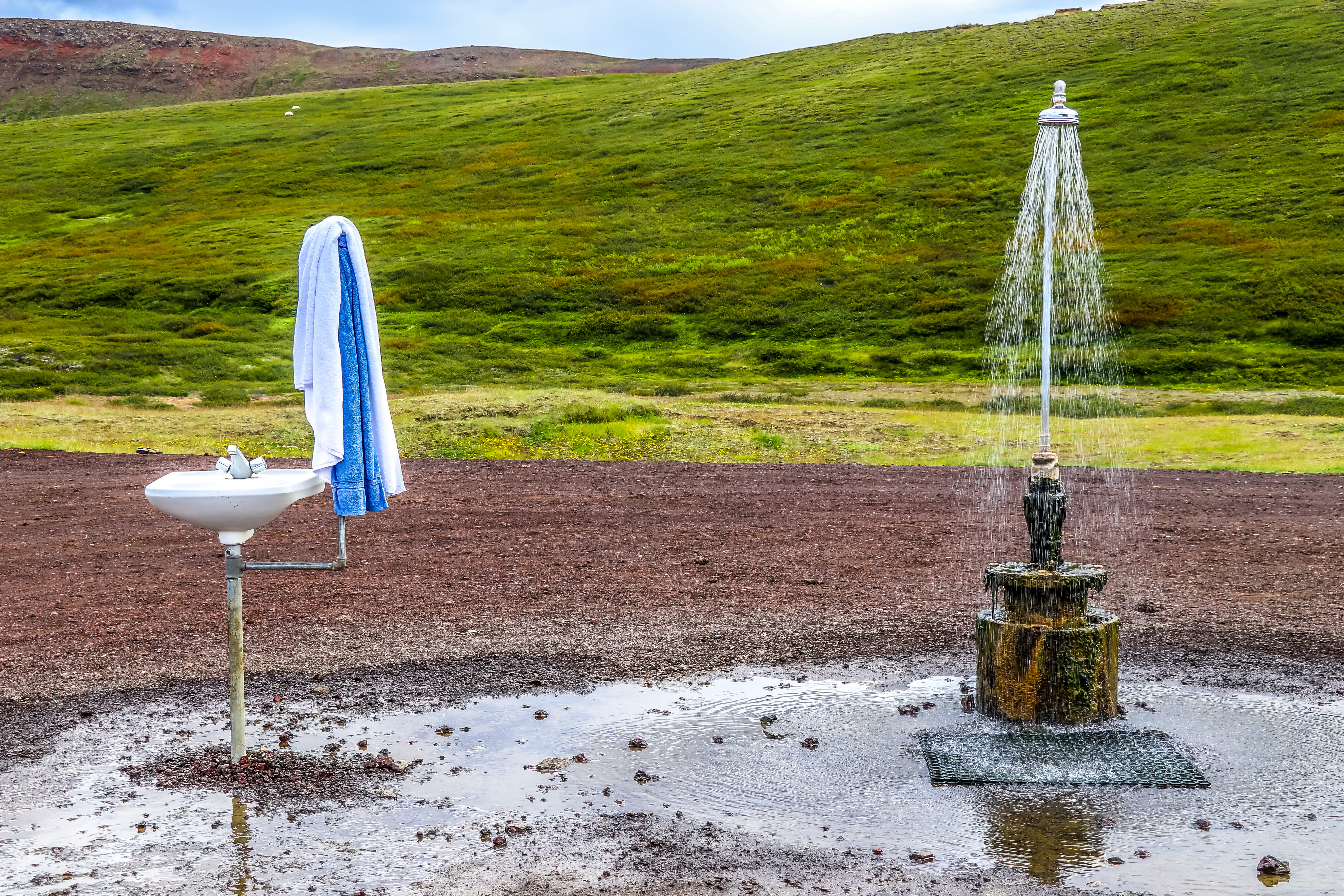 furniture, tranquility, outdoors, outdoor, daytime, shower, flowing water, dirt road, landscape, environment, absence, asphalt, goblet, scenics - nature, HD Wallpaper