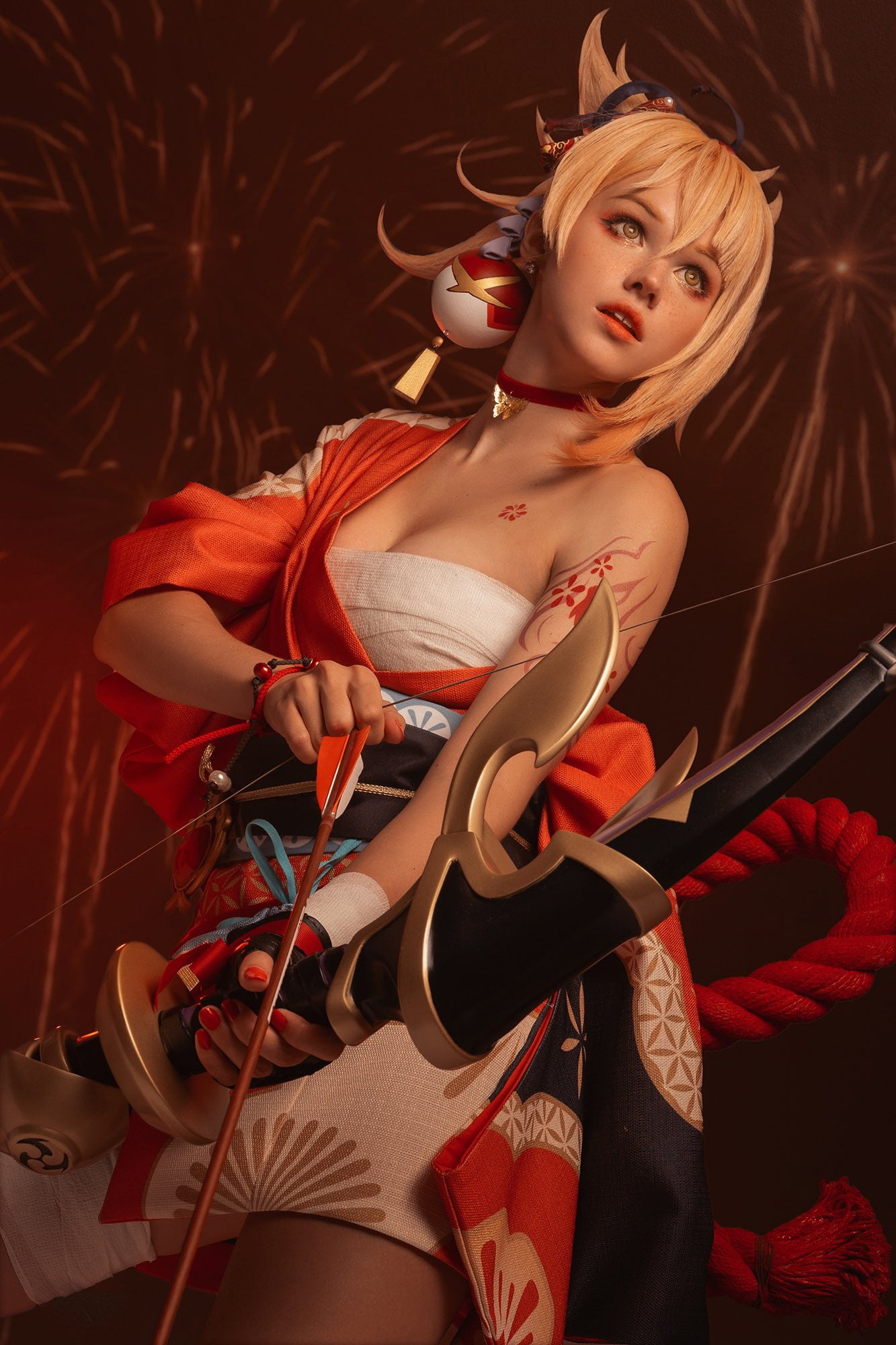 video game girls, video game characters, short hair, bandage, Genshin Impact, sarashi, model, Shirogane Sama, women, Yoimiya (Genshin Impact), tattoo, kimono, Phone HD Wallpaper