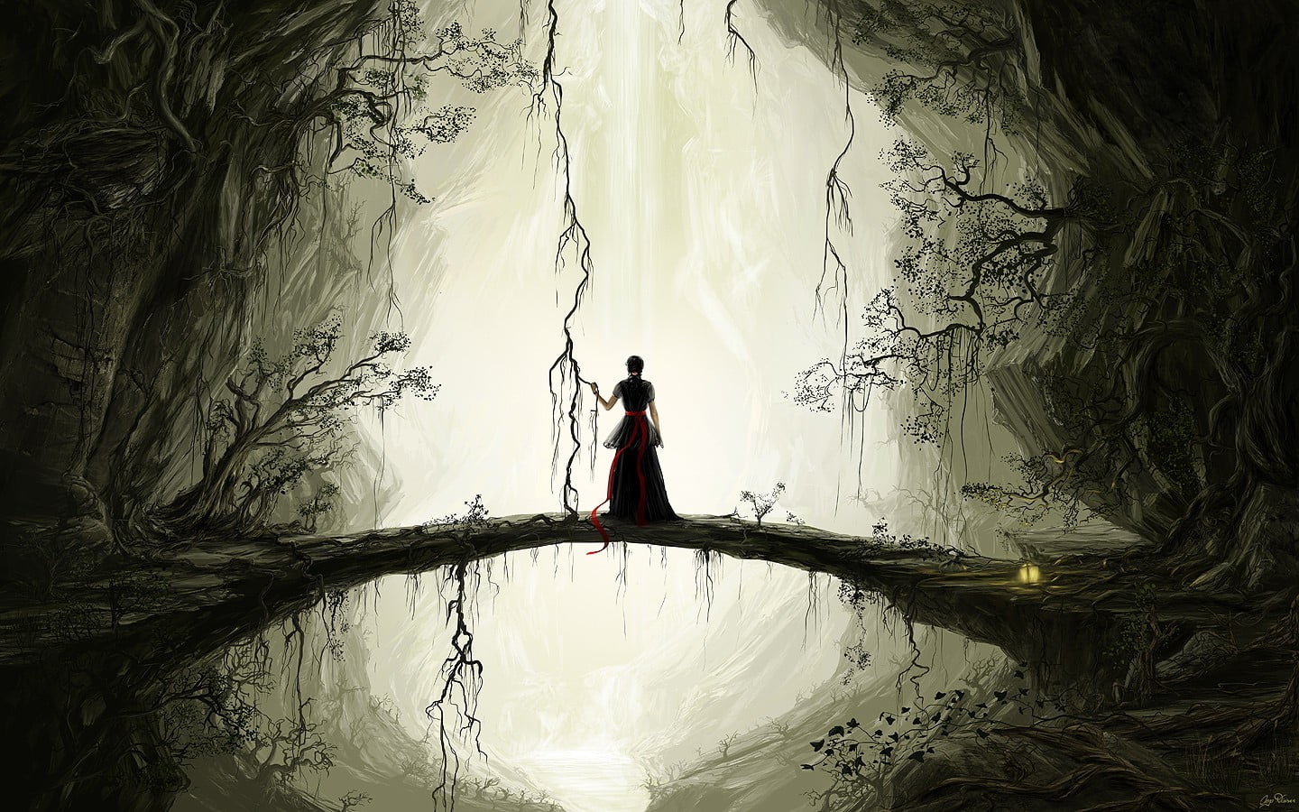 fantasy girl, anime, reflection, woman, standing, water, fantasy art, three quarter length, nature, real people, plant, hd, indoors, women, fashion, young adult, HD Wallpaper