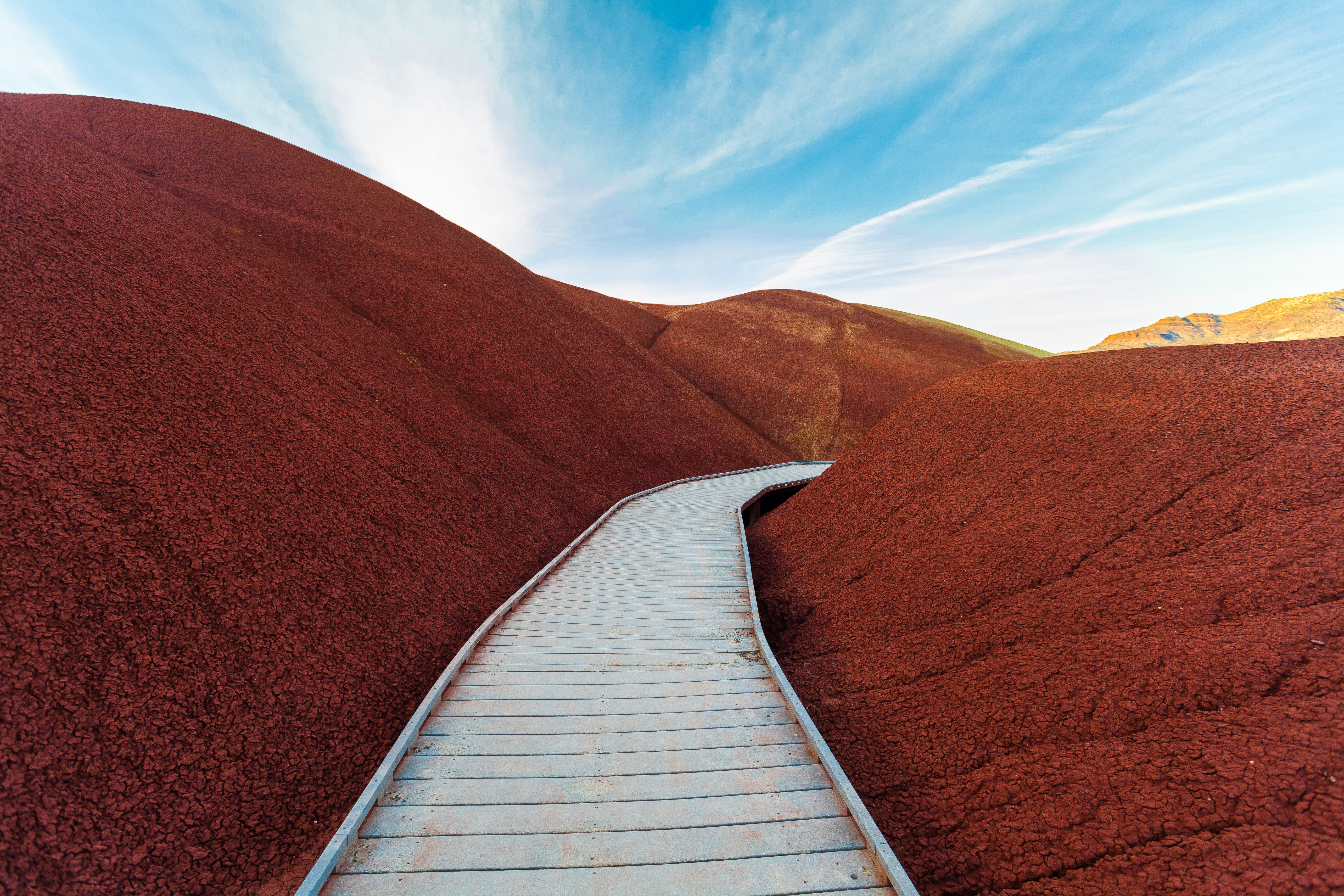 middle, stairway, hills, scenics - nature, climate, boardwalk, wooden, trail, hill, tranquility, brown, drought, 5K, landscape, mountain range, no people, HD Wallpaper