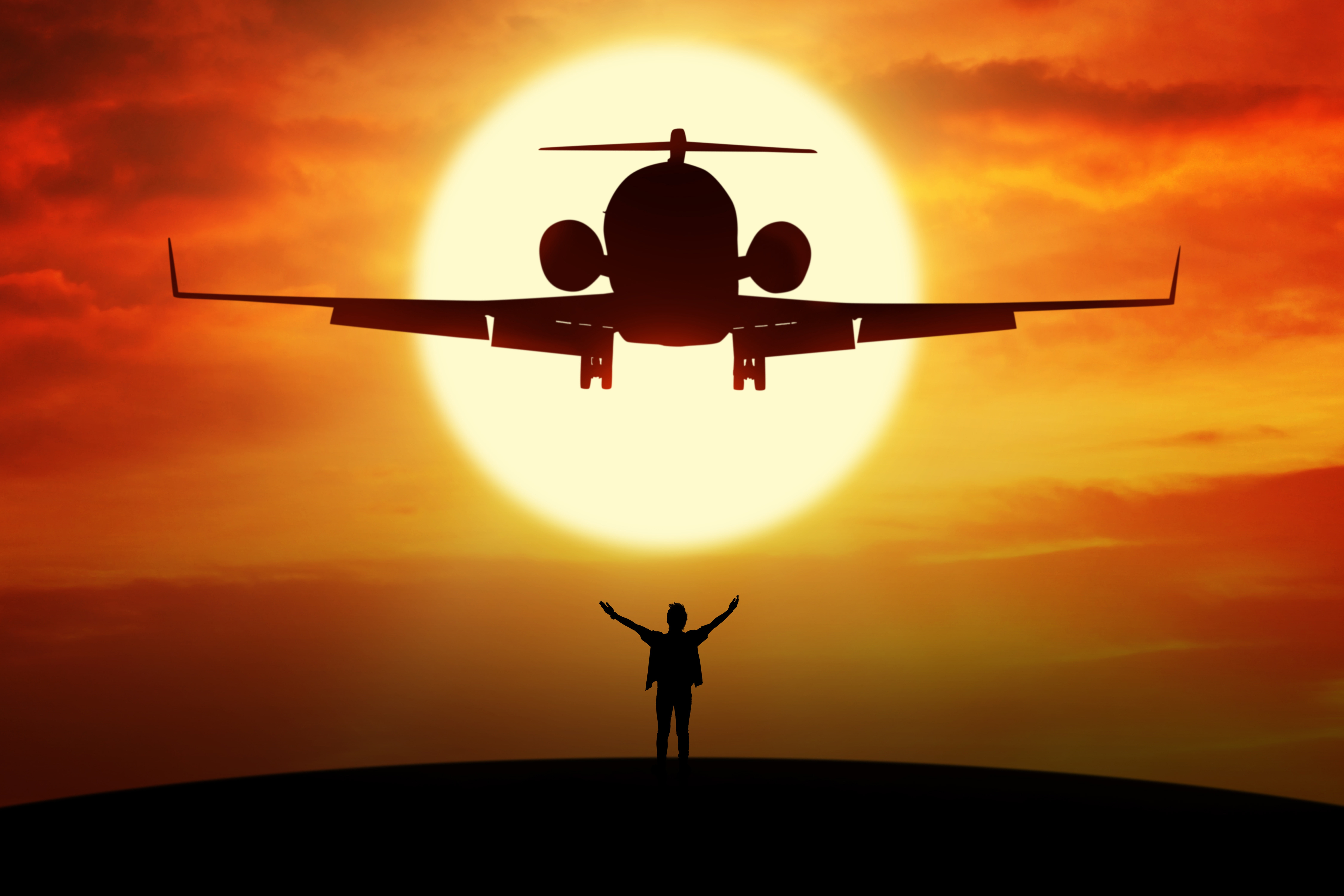 orange color, standing, air vehicle, the sun, illustration, transportation, back lit, silhouette, one person, turbojet, beautiful background, passenger, HD Wallpaper