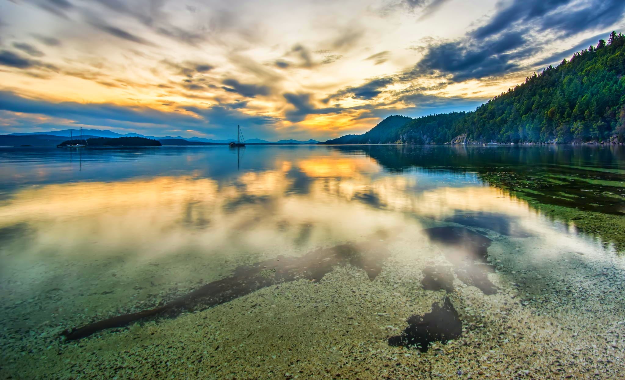 water, scenics - nature, sky, plant, harbor, idyllic, landscape, sailing ship, hills, beauty in nature, lake, reflection, untitled, non-urban scene, cloud - sky, HD Wallpaper