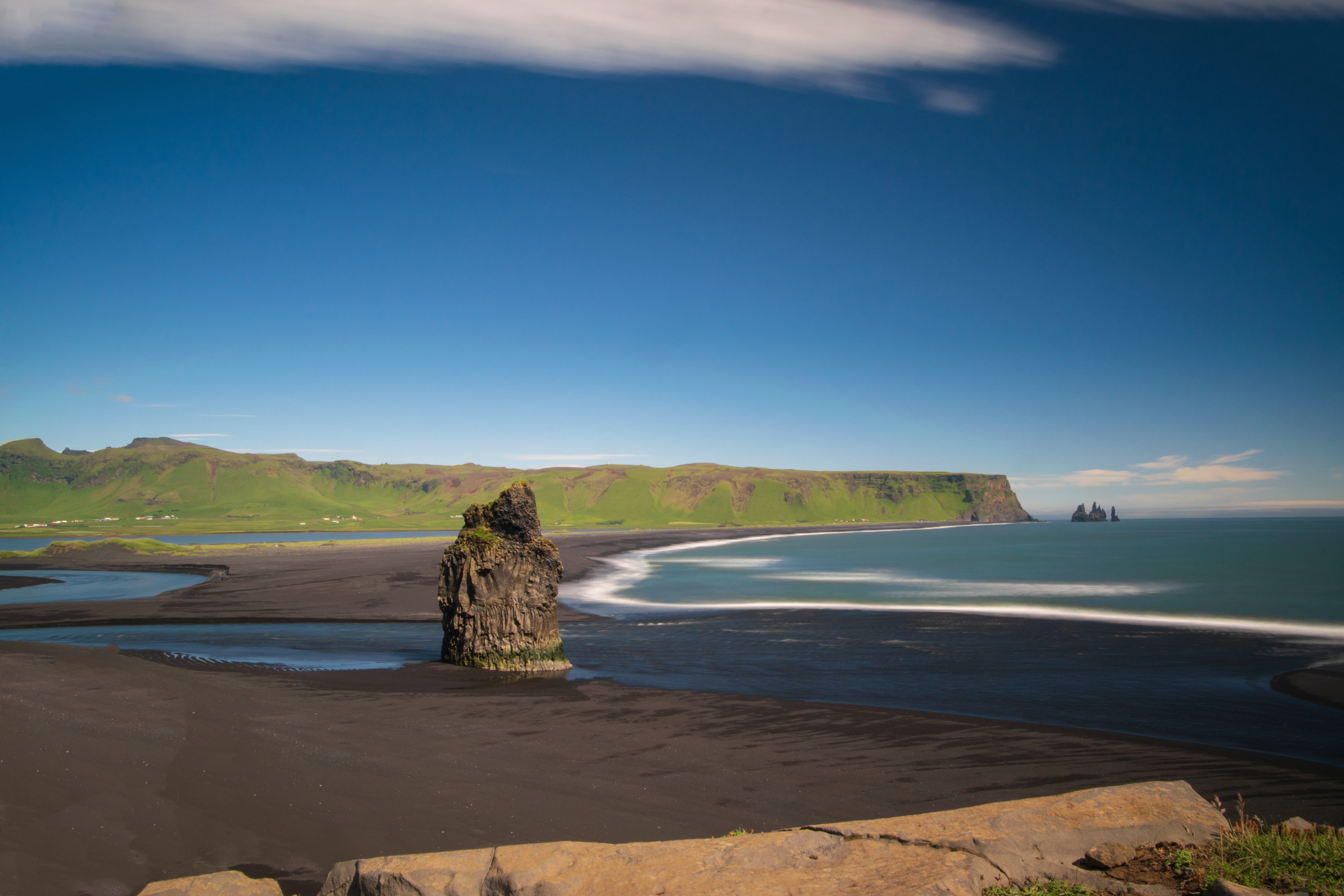 landscape, black, tranquil scene, day, holidays, dark, tranquility, sea, 5K, volcanic sand, coast, idyllic, tourism, atlantic, travel, non-urban scene, HD Wallpaper