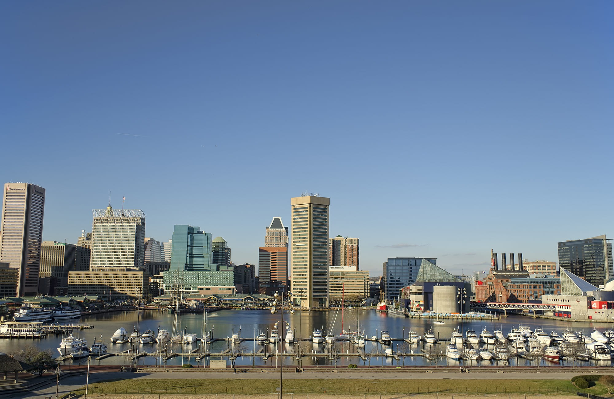 copy space, clear sky, harbor, office building exterior, landscape, modern, financial district, white, skyscraper, building exterior, tall - high, Inner Harbor, HD Wallpaper