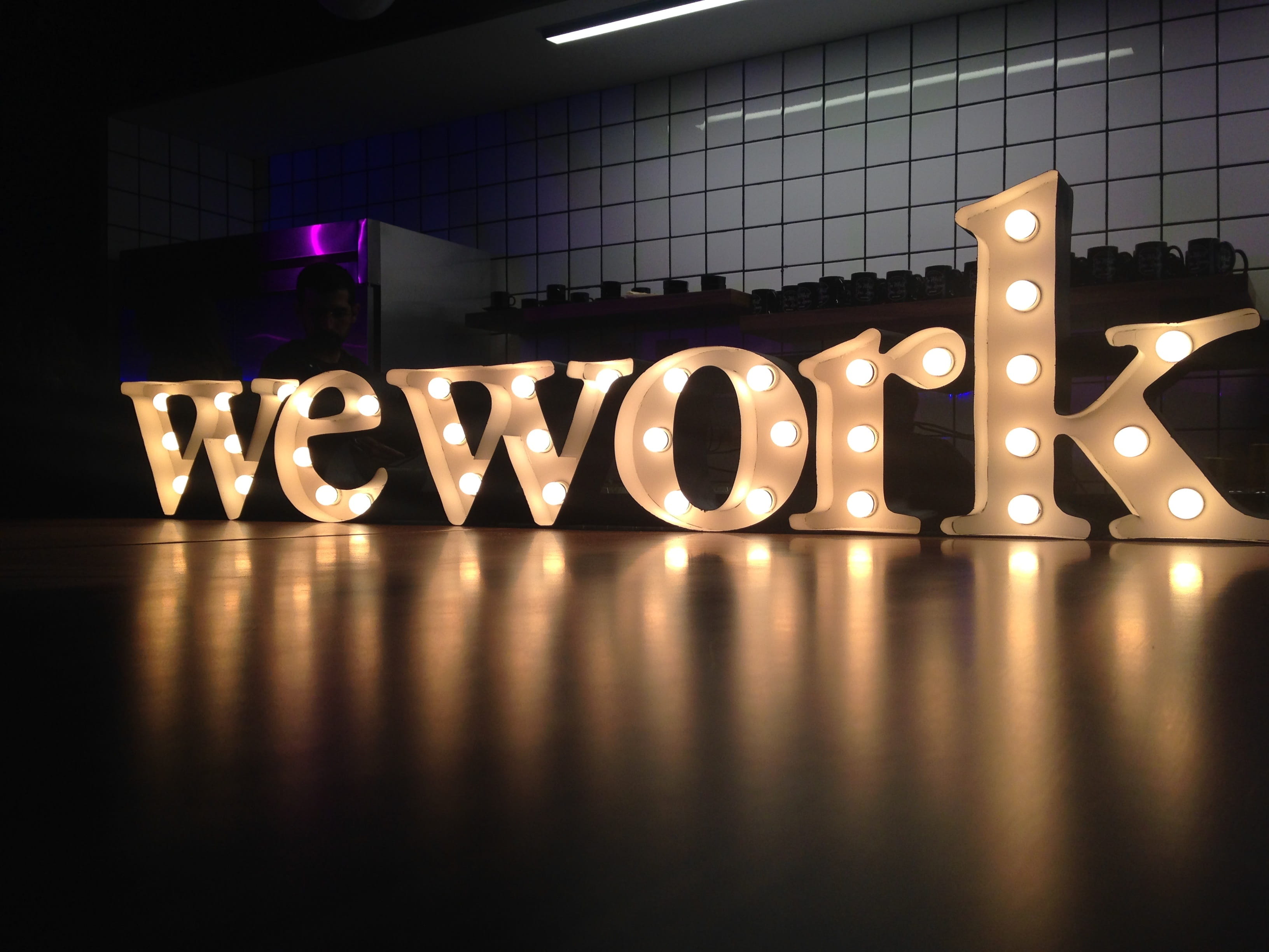 flooring, lighting Equipment, western script, illuminated, Lights, lighted, architecture, Work, reflection, liz, no people, marquee, nightlife, we work, HD Wallpaper