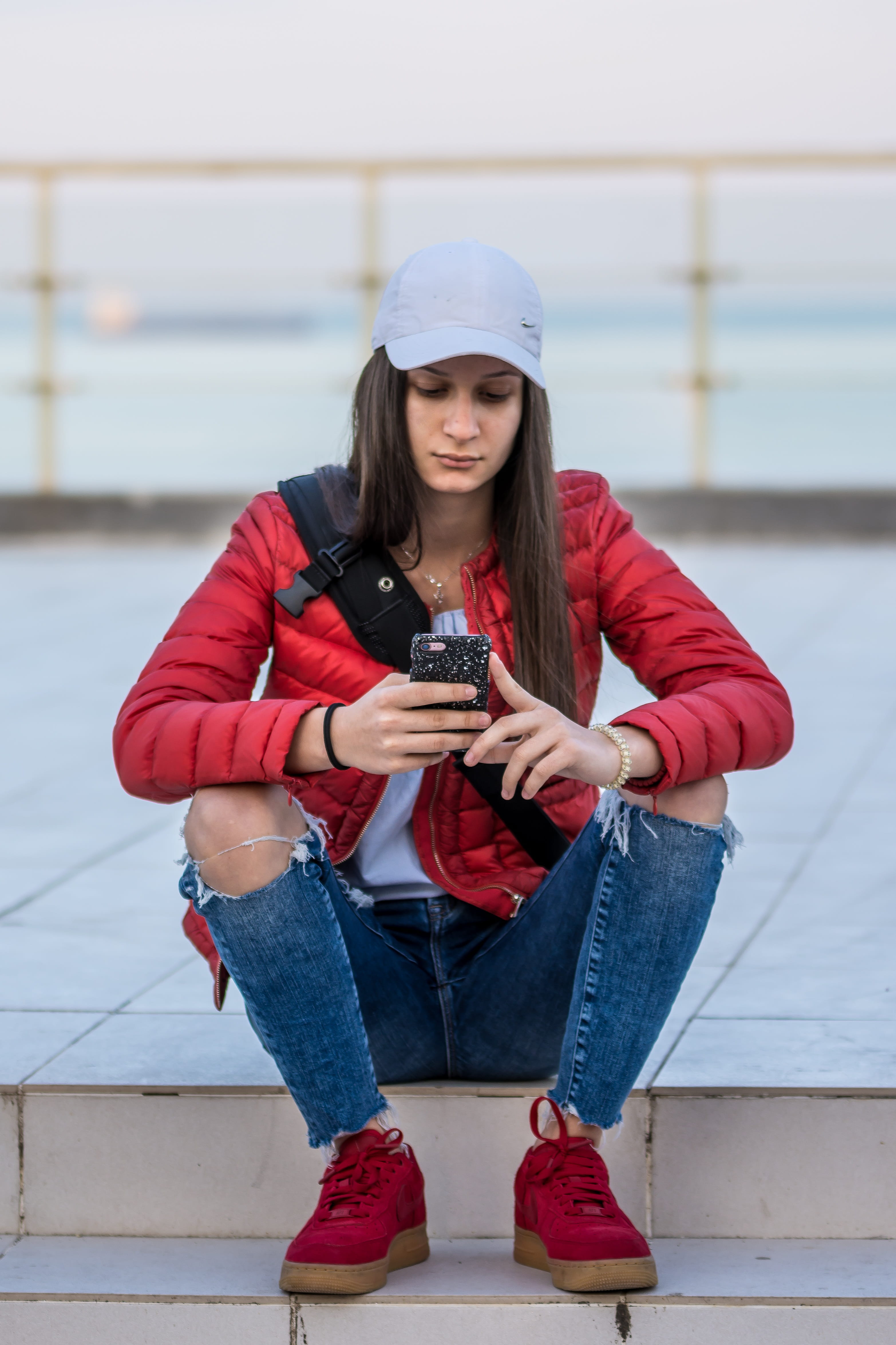 warm clothing, style, attractive, clothing, glamour, wireless technology, lifestyles, teen age, front view, outdoors, beautiful woman, young women, cute, Phone HD Wallpaper