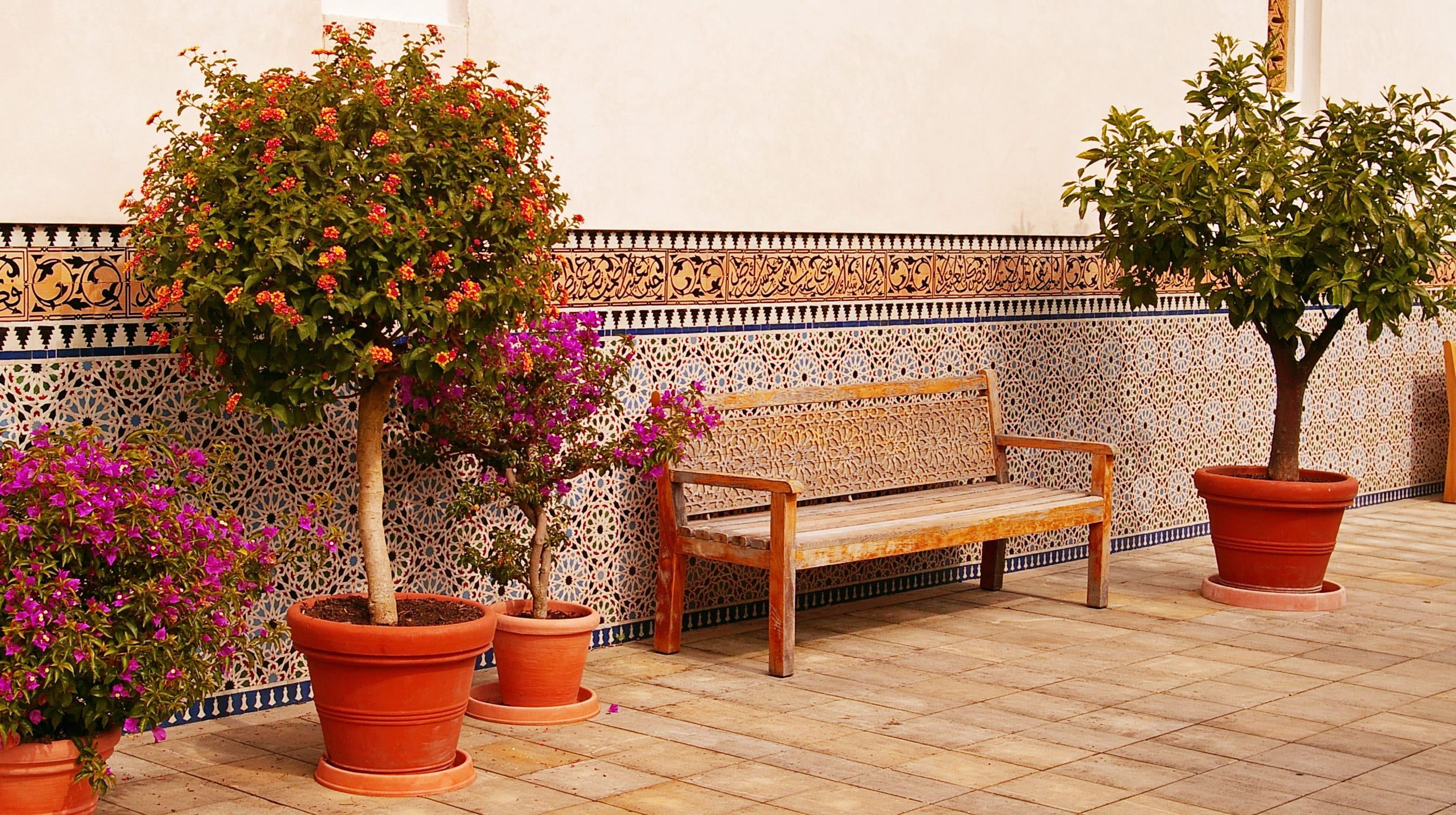 nature, no people, tiles, architecture, railing, outdoors, tiled floor, seat, brown, potted plants, flooring, bank, oriental bank, wall, flower pot, flowering plant, HD Wallpaper