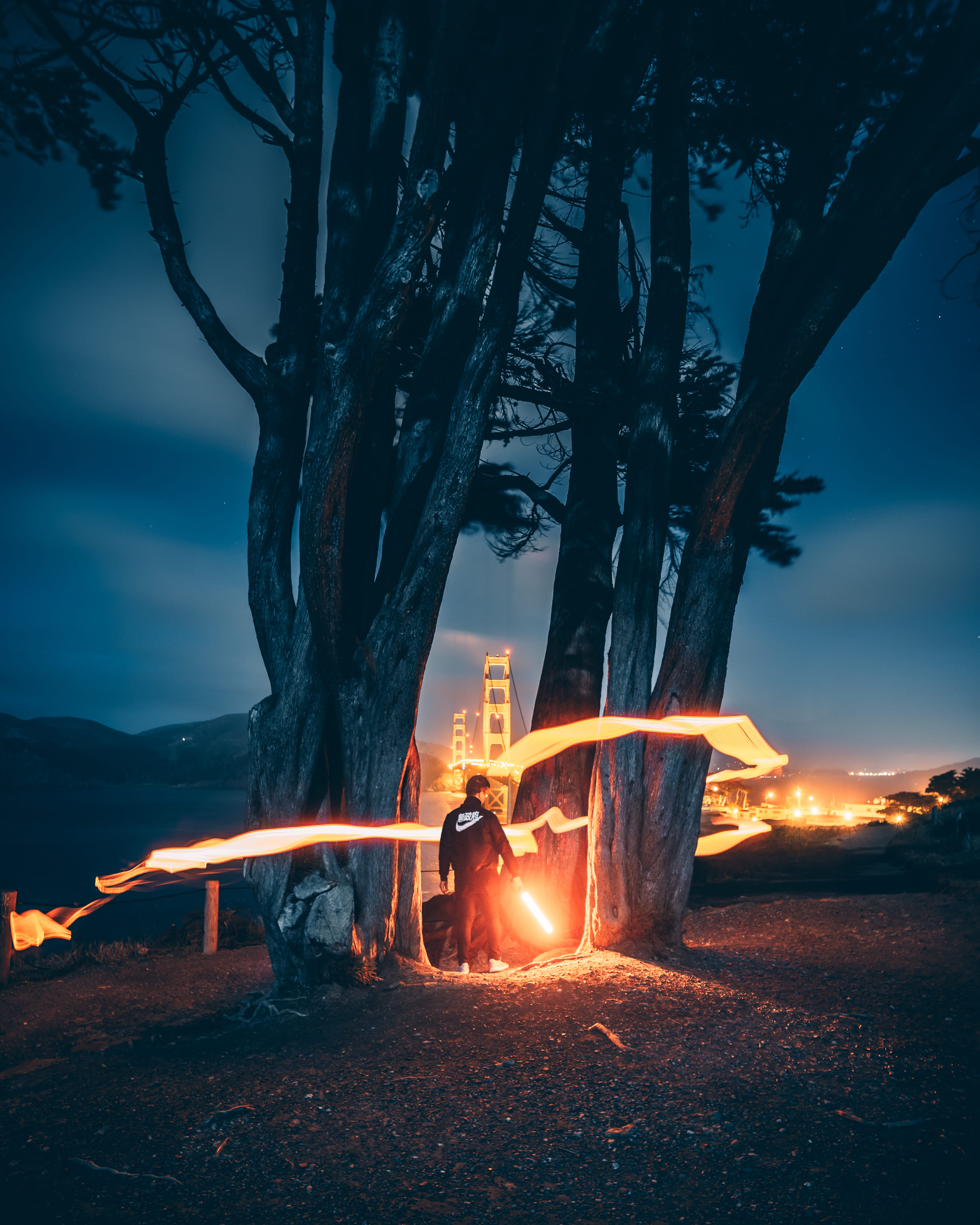 bay area, tree, orange, light, snow, glowing, dusk, no People, nike, lightsaber, light - Natural Phenomenon, cultures, 4K, photograph, outdoors, dark, Phone HD Wallpaper