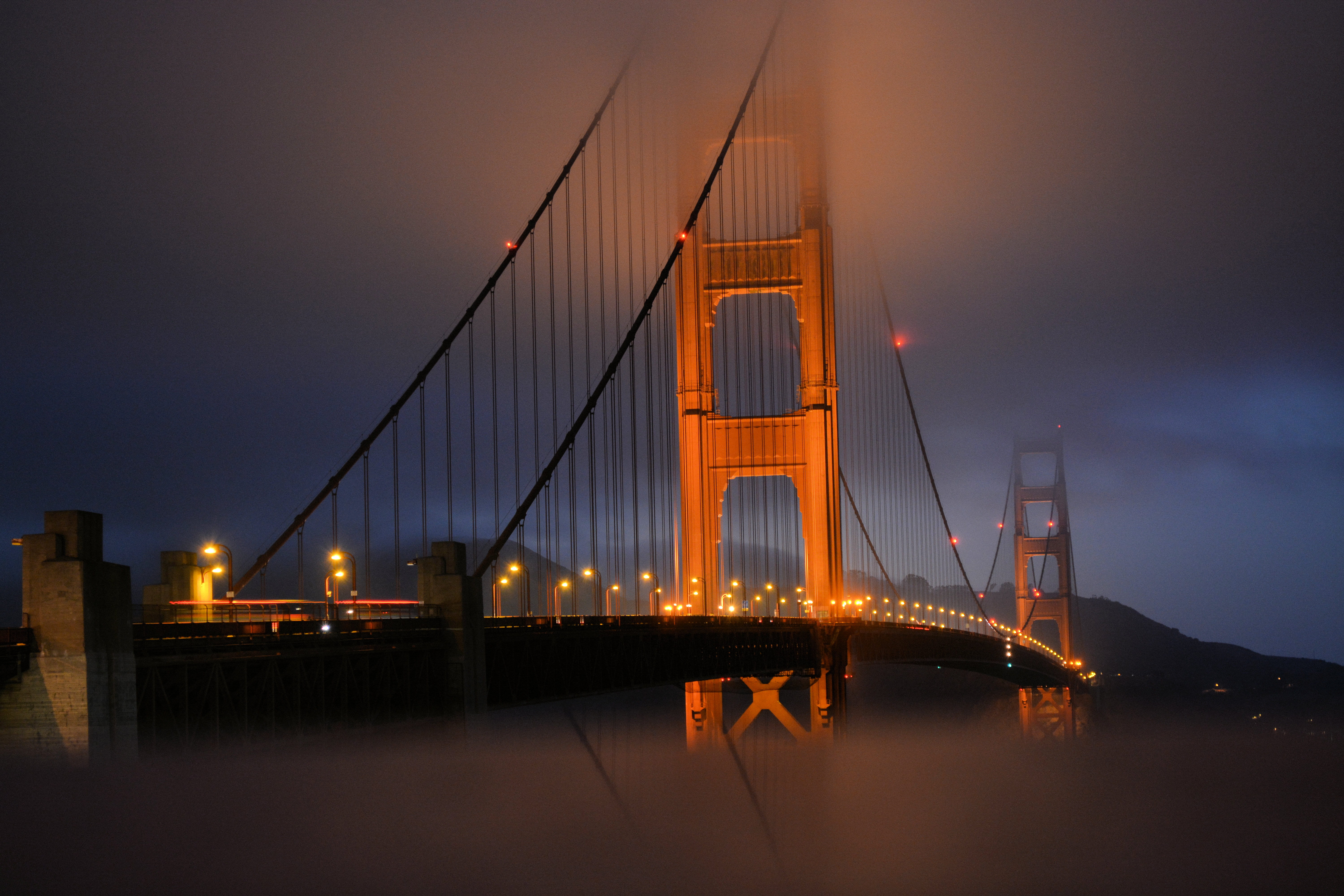 architecture, skyscraper, connection, brown, night, city, suspension bridge, san francisco, cloud - sky, nighttime, suspension, engineering, cloud, mountain, HD Wallpaper