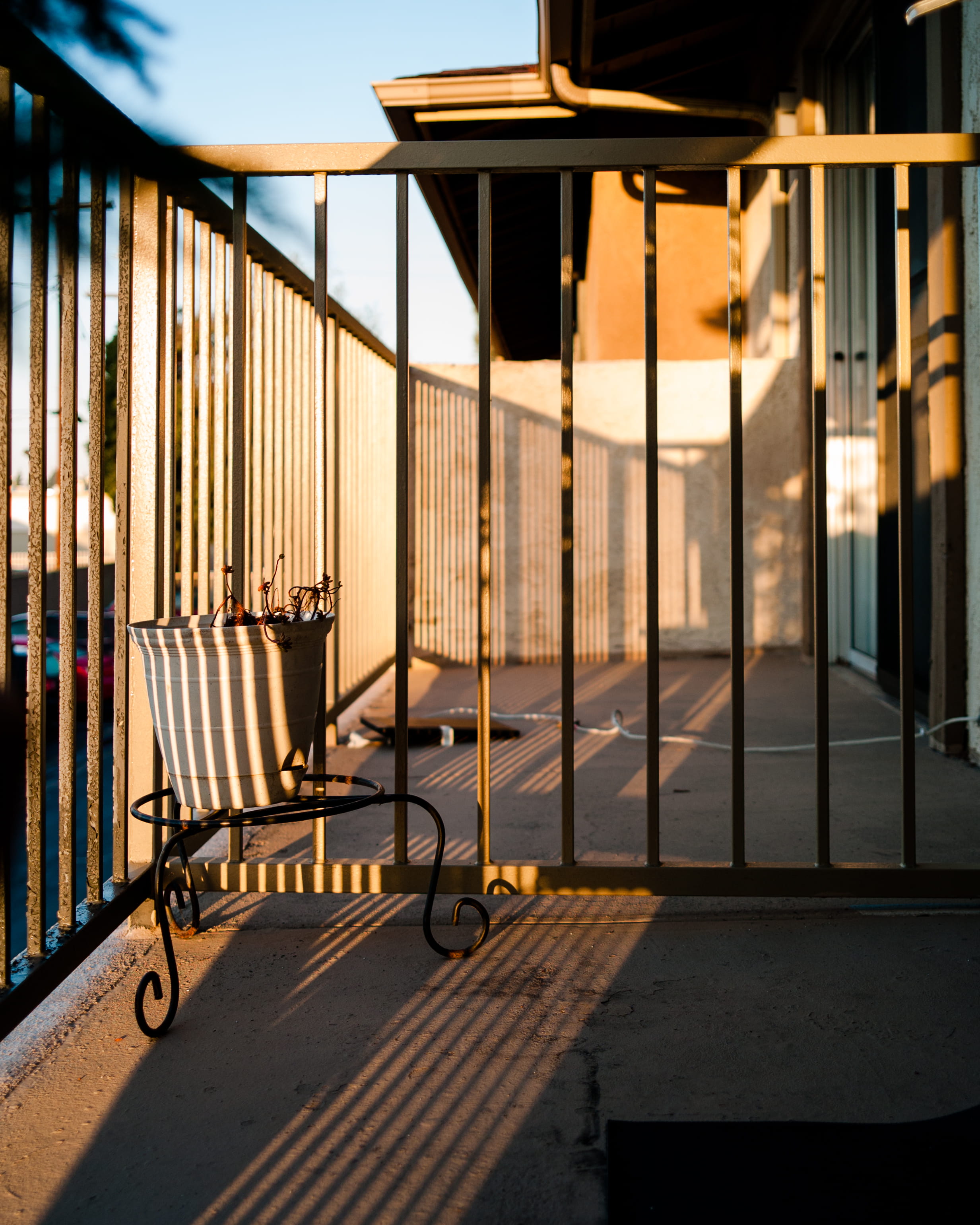 stripe, pot, city, gate, day, metal, built structure, veranda, leica, security, shadow, balcony, outdoors, absence, empty, glass - material, architecture, Phone HD Wallpaper