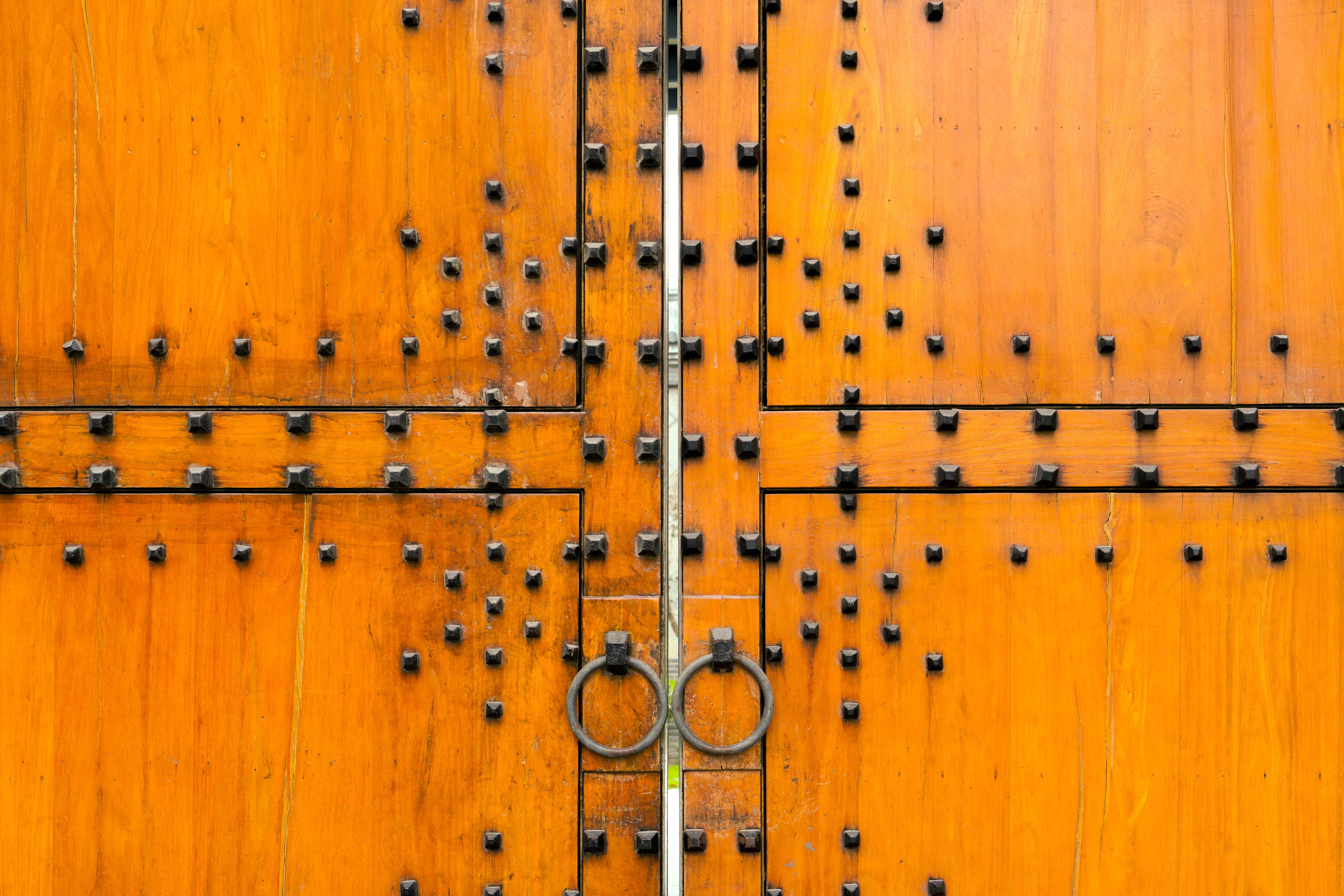 wood, gate, entrance, 5K, safety, door, wall - building feature, pattern, metal, cross, protection, orange, security, backgrounds, traditional, orange color, HD Wallpaper