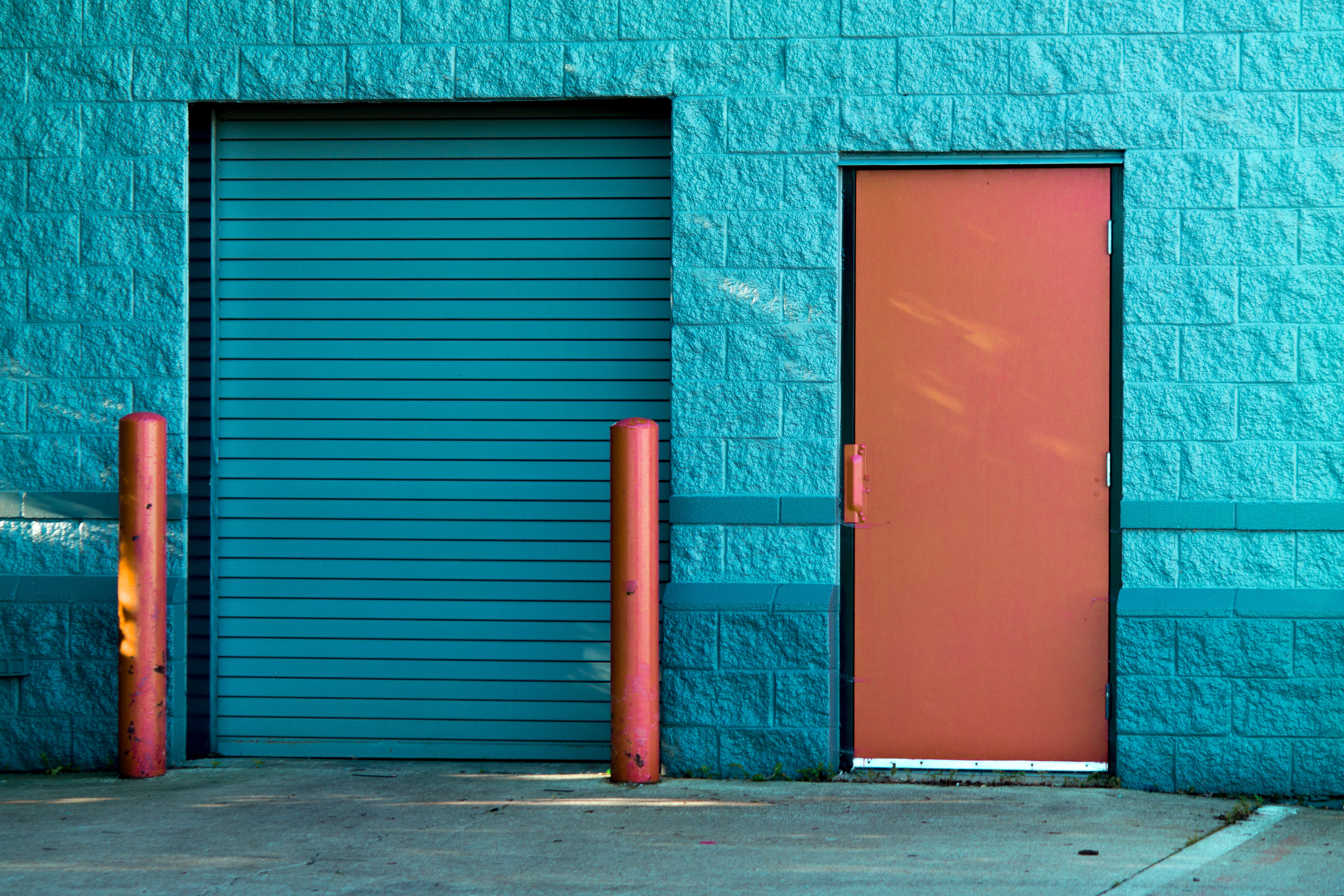 shutters, city, closed, blue, red, orange, metal, shutter, outdoors, daytime, garage, iron, protection, wall, entrance, building, security, safety, sidewalk, HD Wallpaper