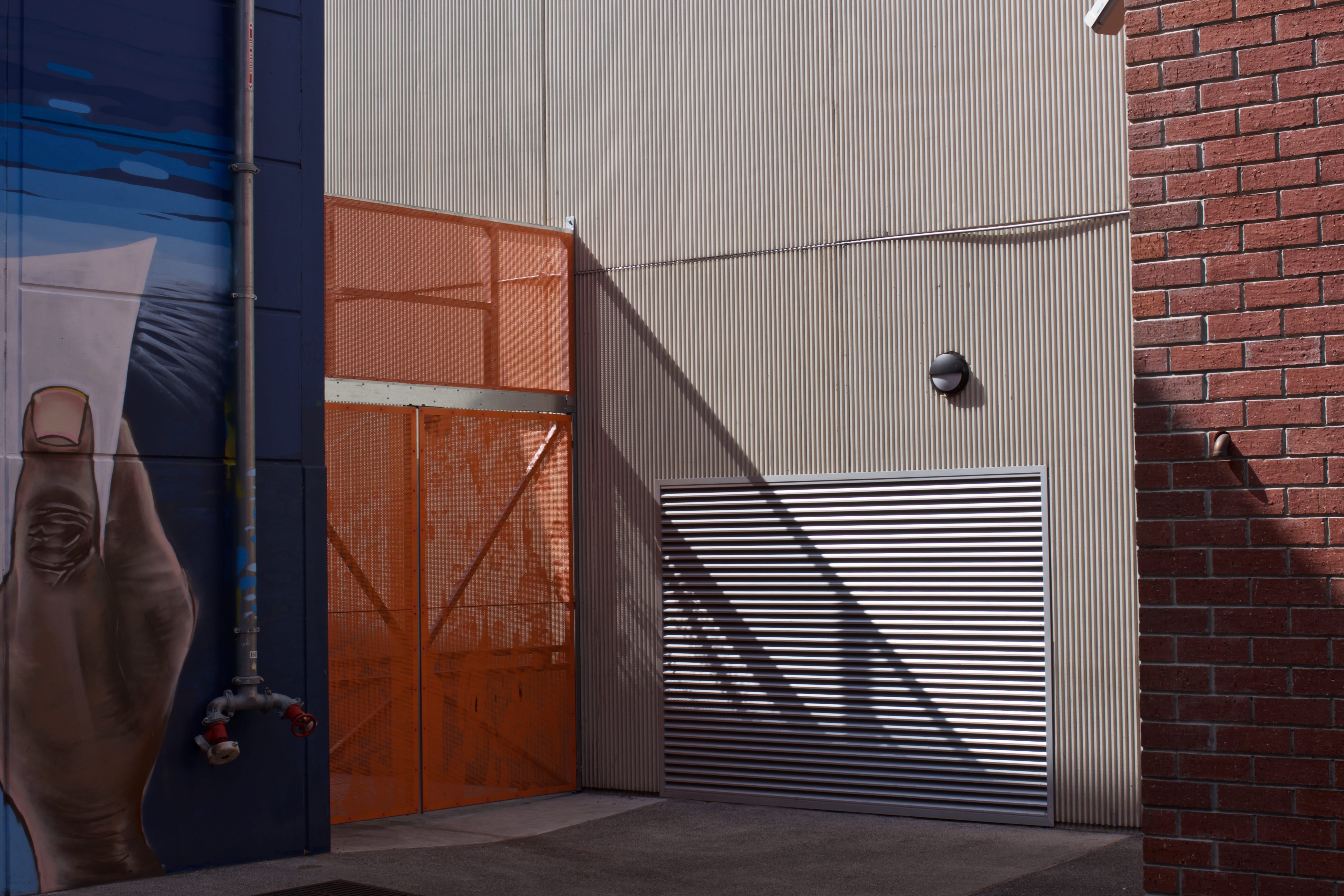gate, iron, orange, gray, entrance, roller, building, shadow, outdoors, wall - building feature, no people, 4K, architecture, garage, glass - material, HD Wallpaper