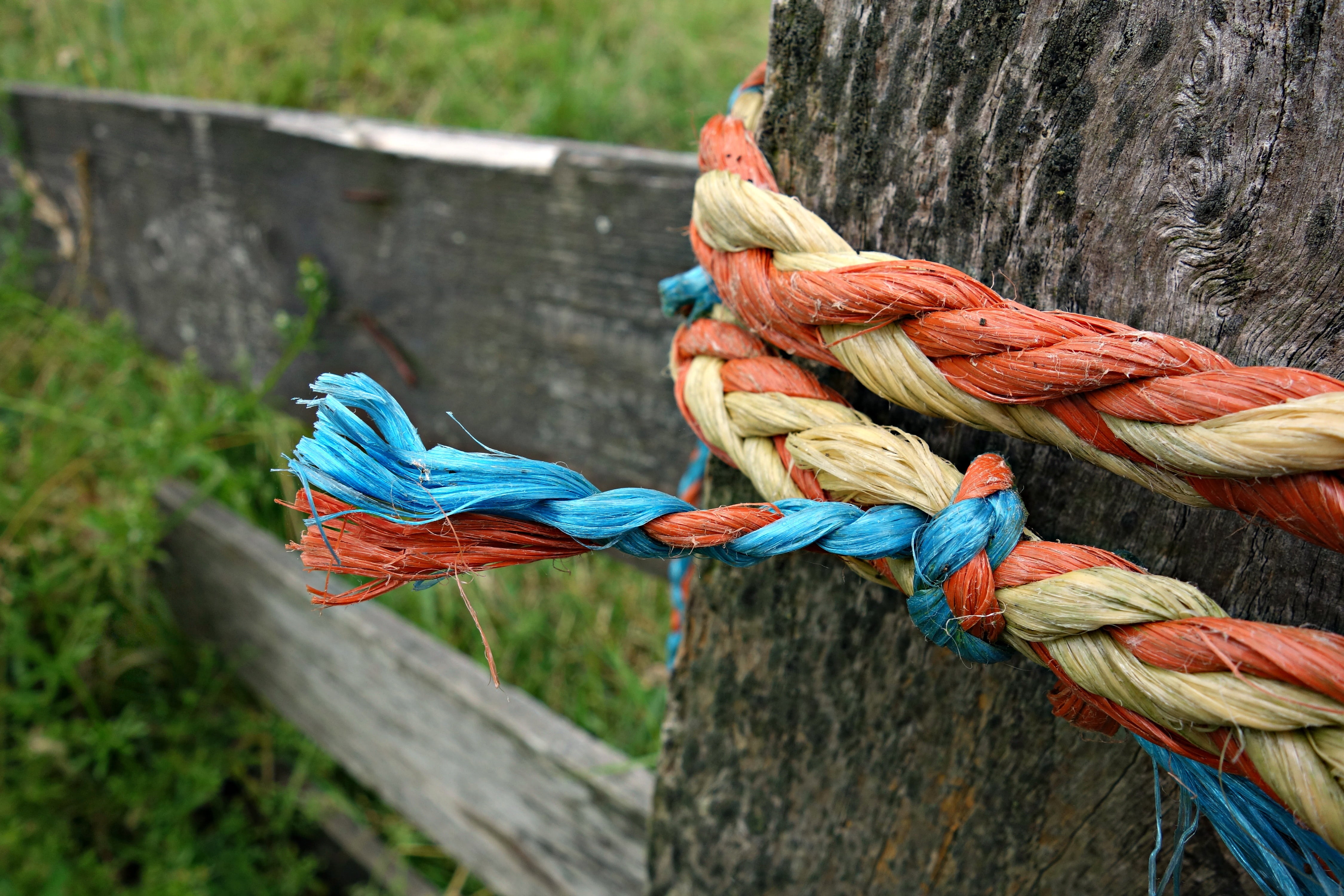 nature, tied, no people, blue, outdoors, post, tied up, metal, wooden post, close-up, multi colored, gate, pattern, connection, strength, rope, plant, string, HD Wallpaper