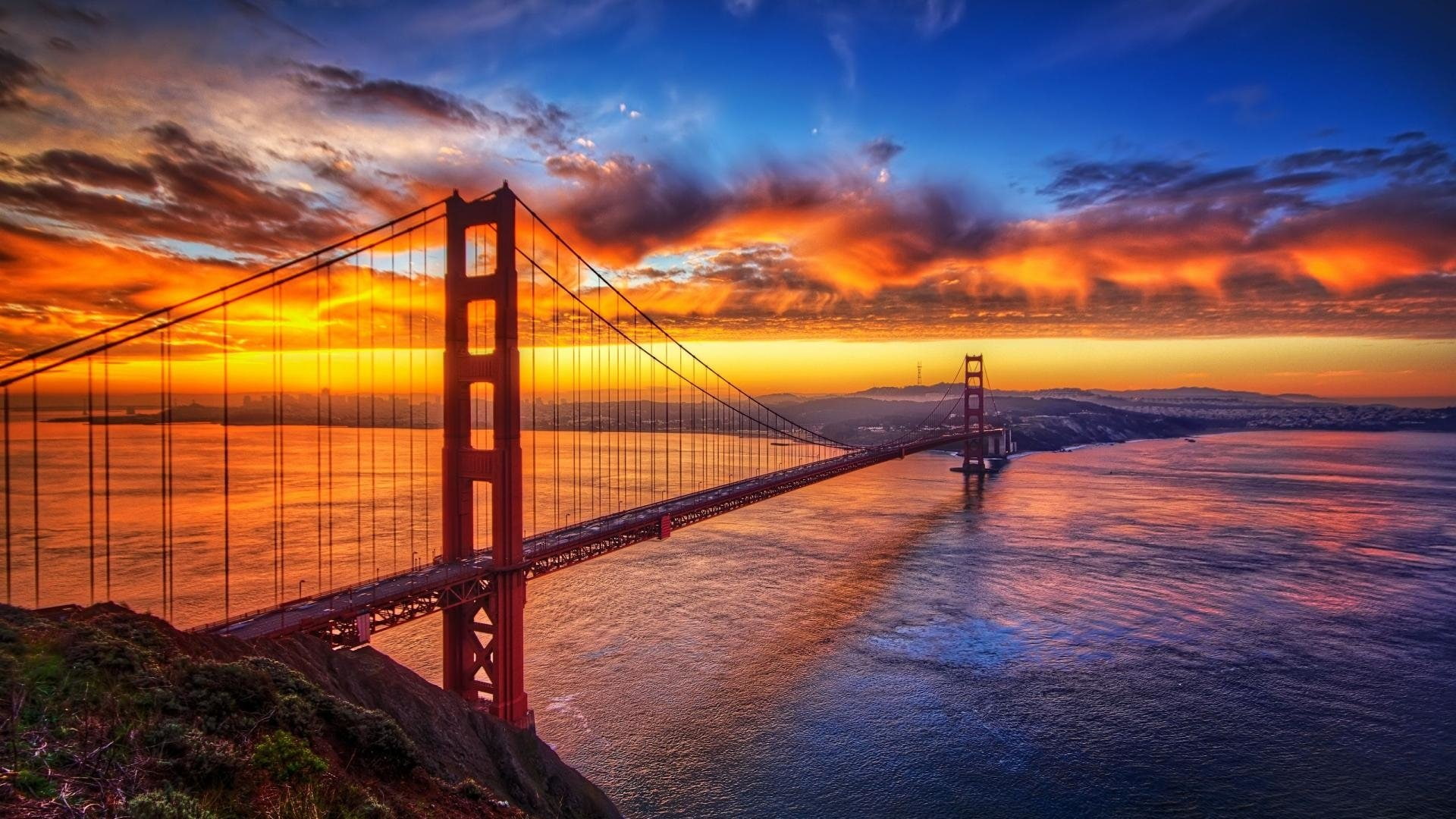 Bridge, 1080P, Sky, Man Made, Golden Gate, Bridges, Sunset, Orange, HD Wallpaper